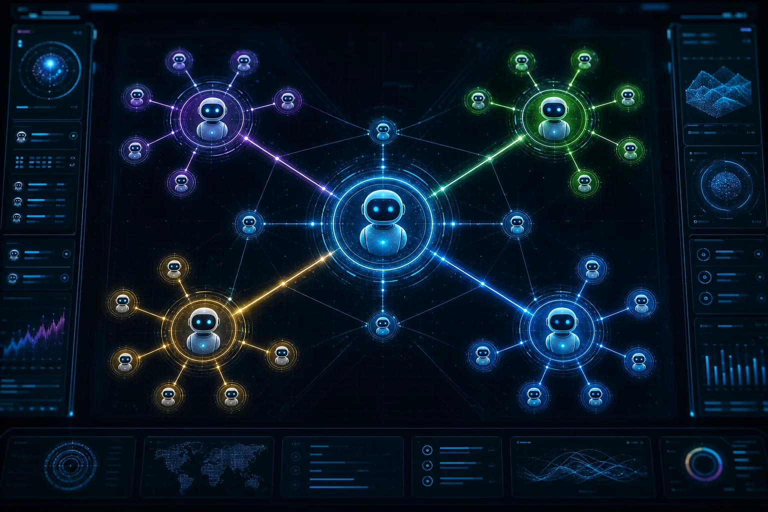 Futuristic dark UI showing an interconnected AI agent network with glowing nodes for sales, HR, finance, and operations