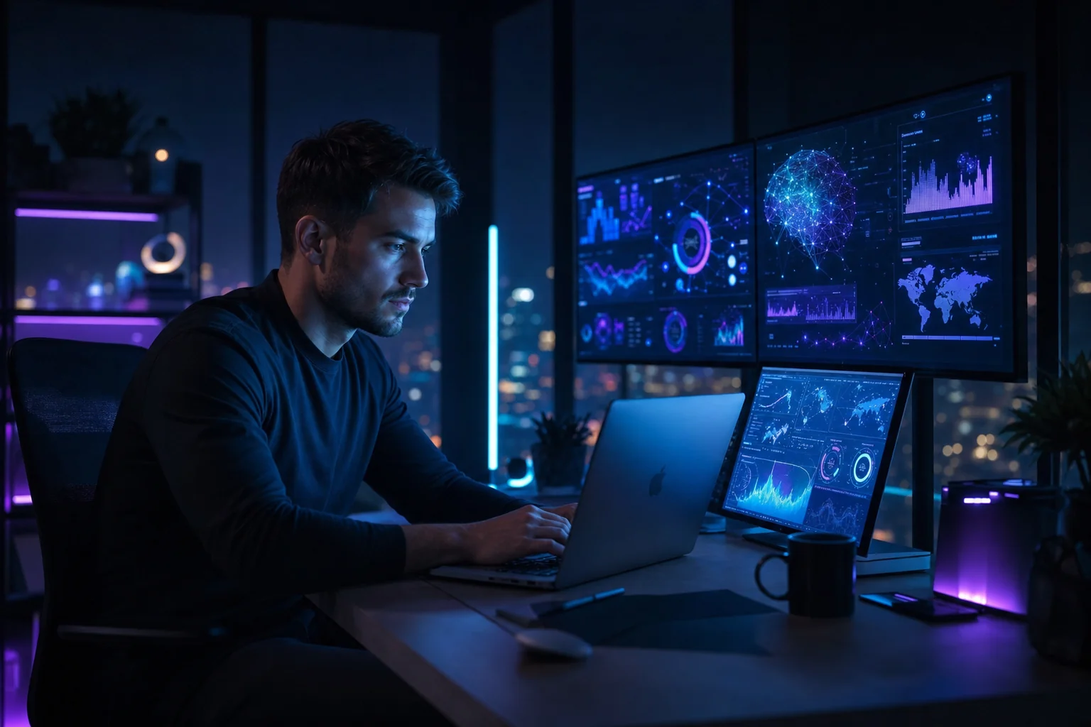 Entrepreneur working at night with glowing AI dashboards on multiple screens