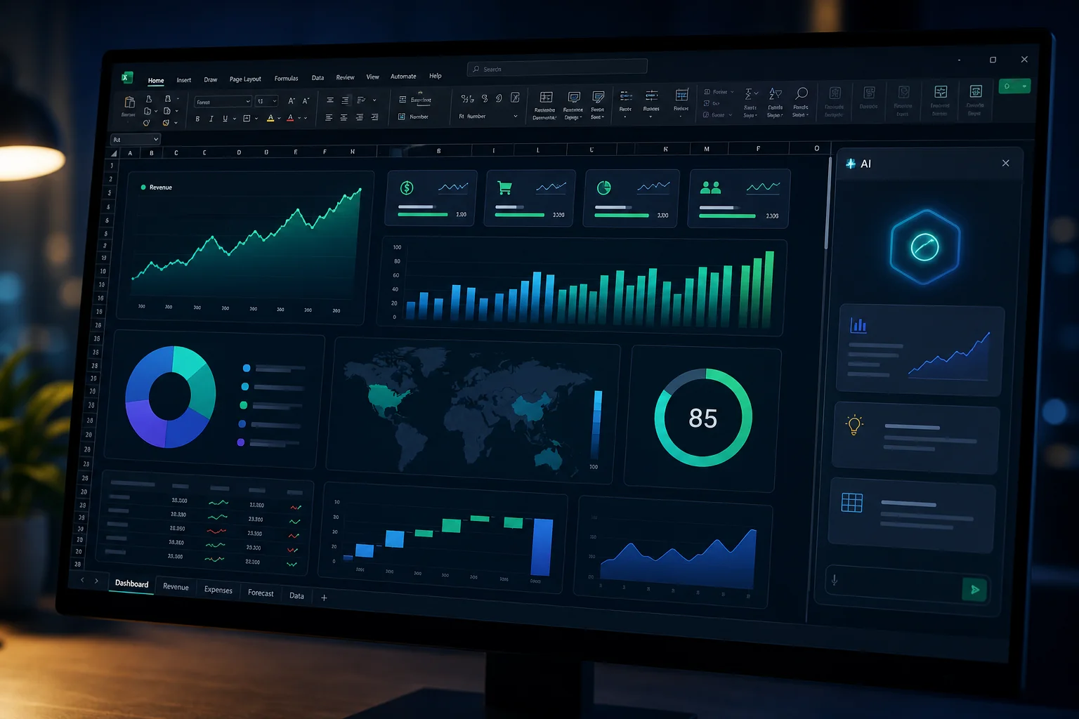 Dark professional Excel dashboard with AI-generated financial charts and revenue analytics