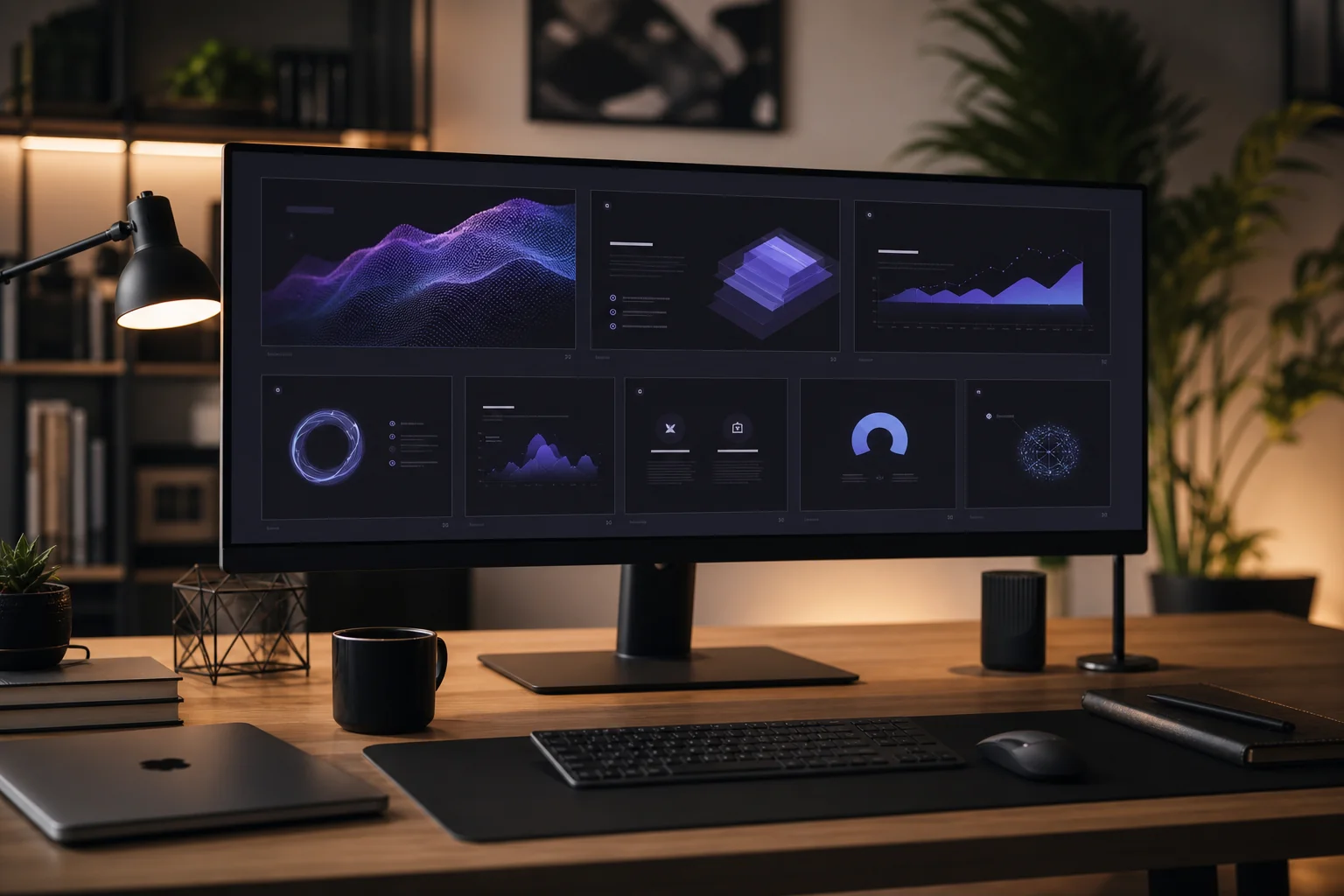 Dark minimal AI-generated pitch deck displayed on a large monitor in a creative workspace