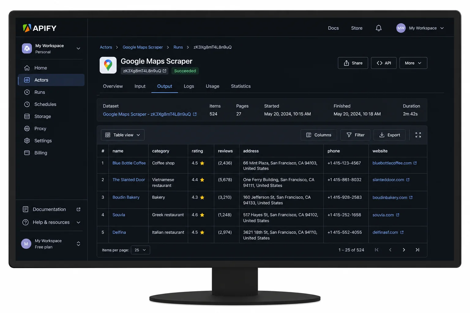 Apify platform showing Google Maps scraper actor with business data results