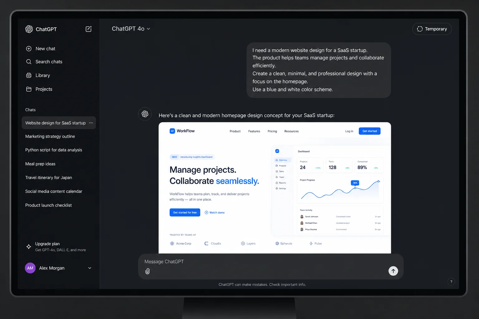ChatGPT generating a detailed website prompt for Replit