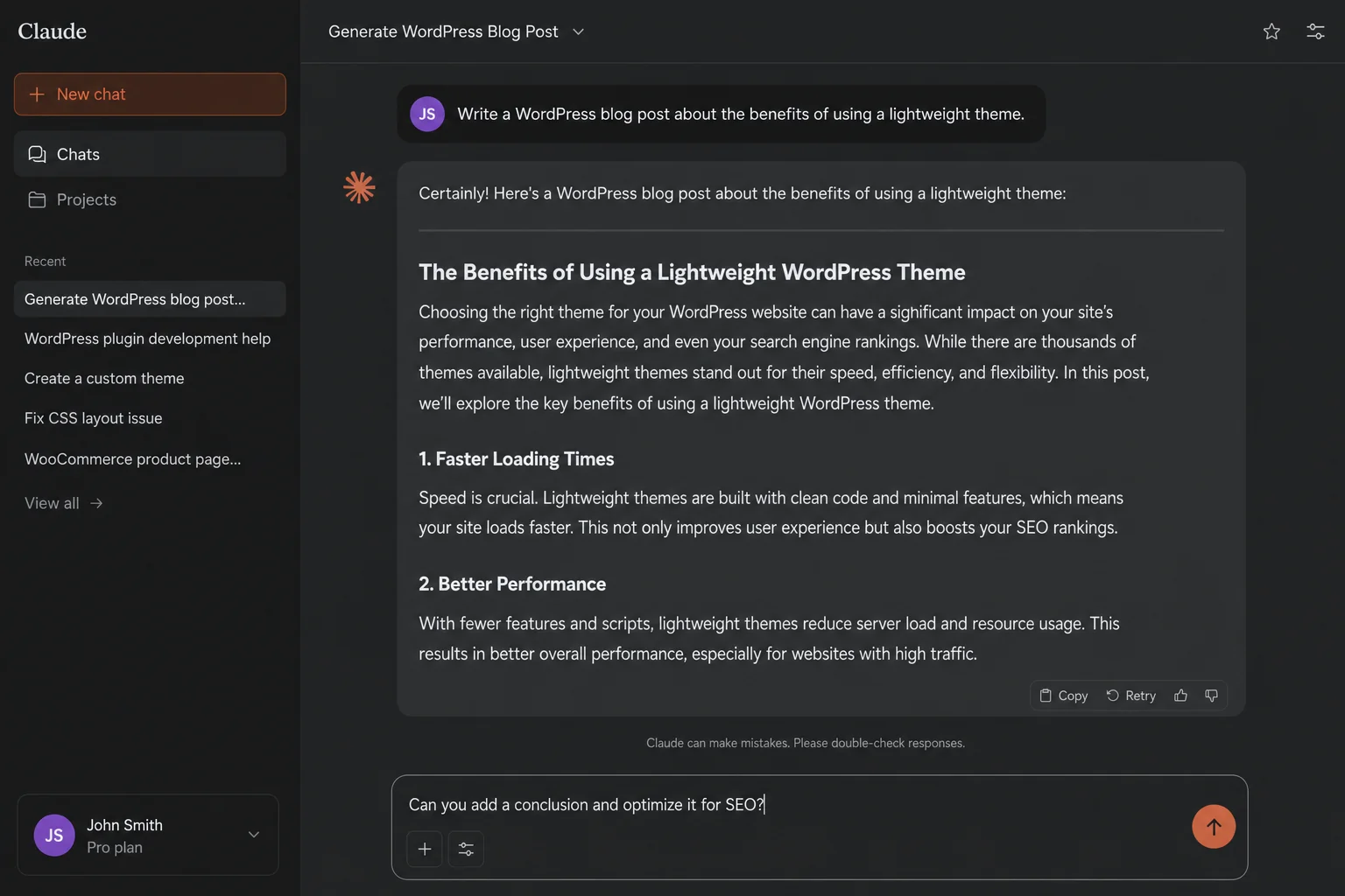 Claude AI interface showing content being generated and published directly to WordPress