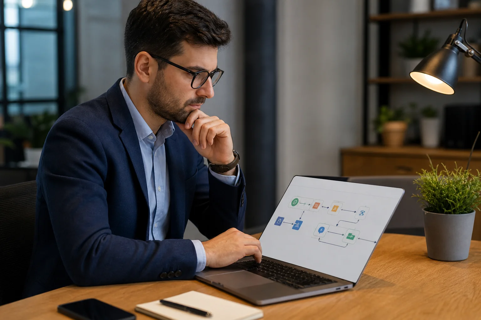 Business professional reviewing an AI automation workflow on a laptop in a modern office