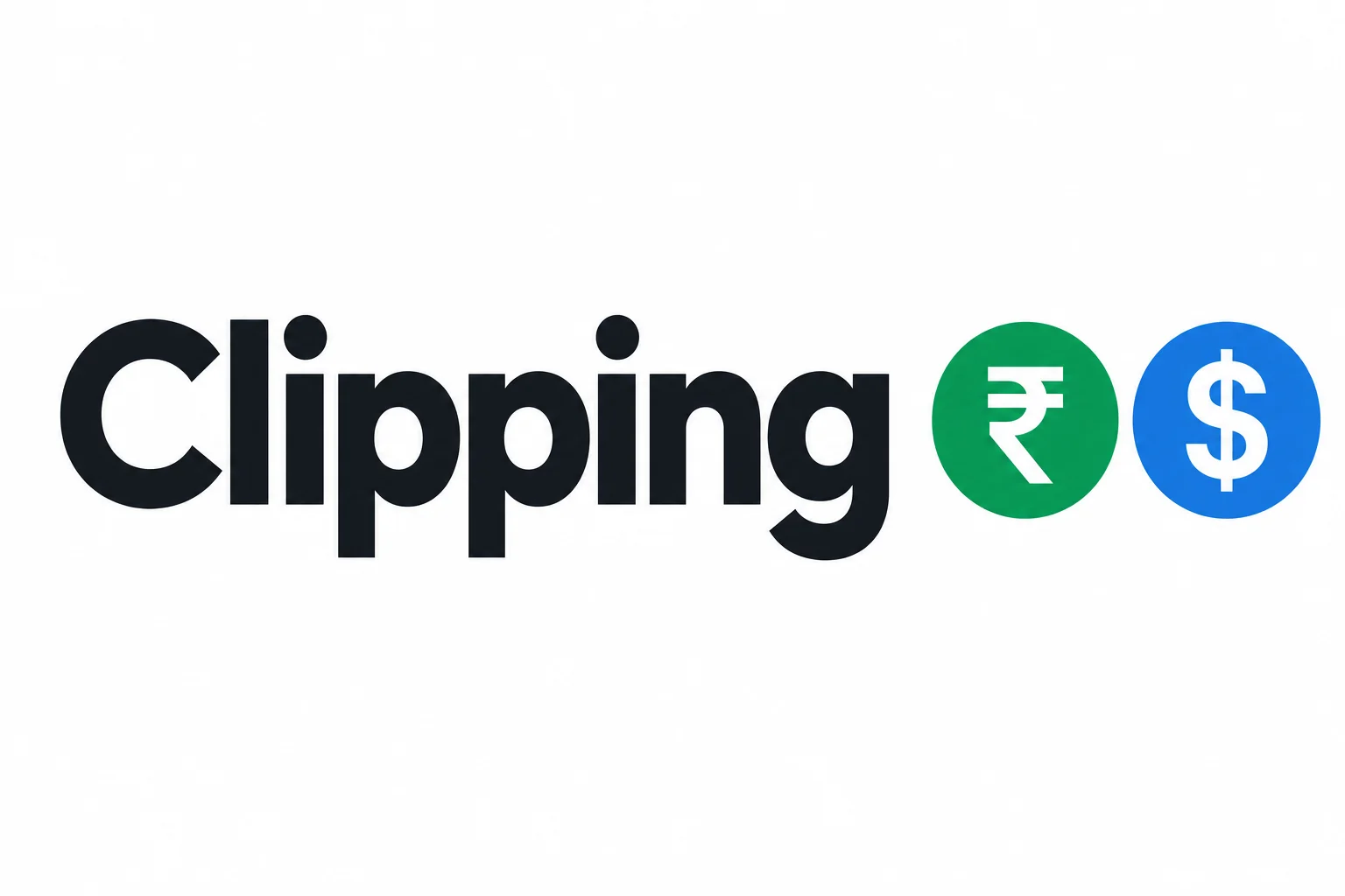Bold Clipping text on white background with rupee and dollar icons, editorial style