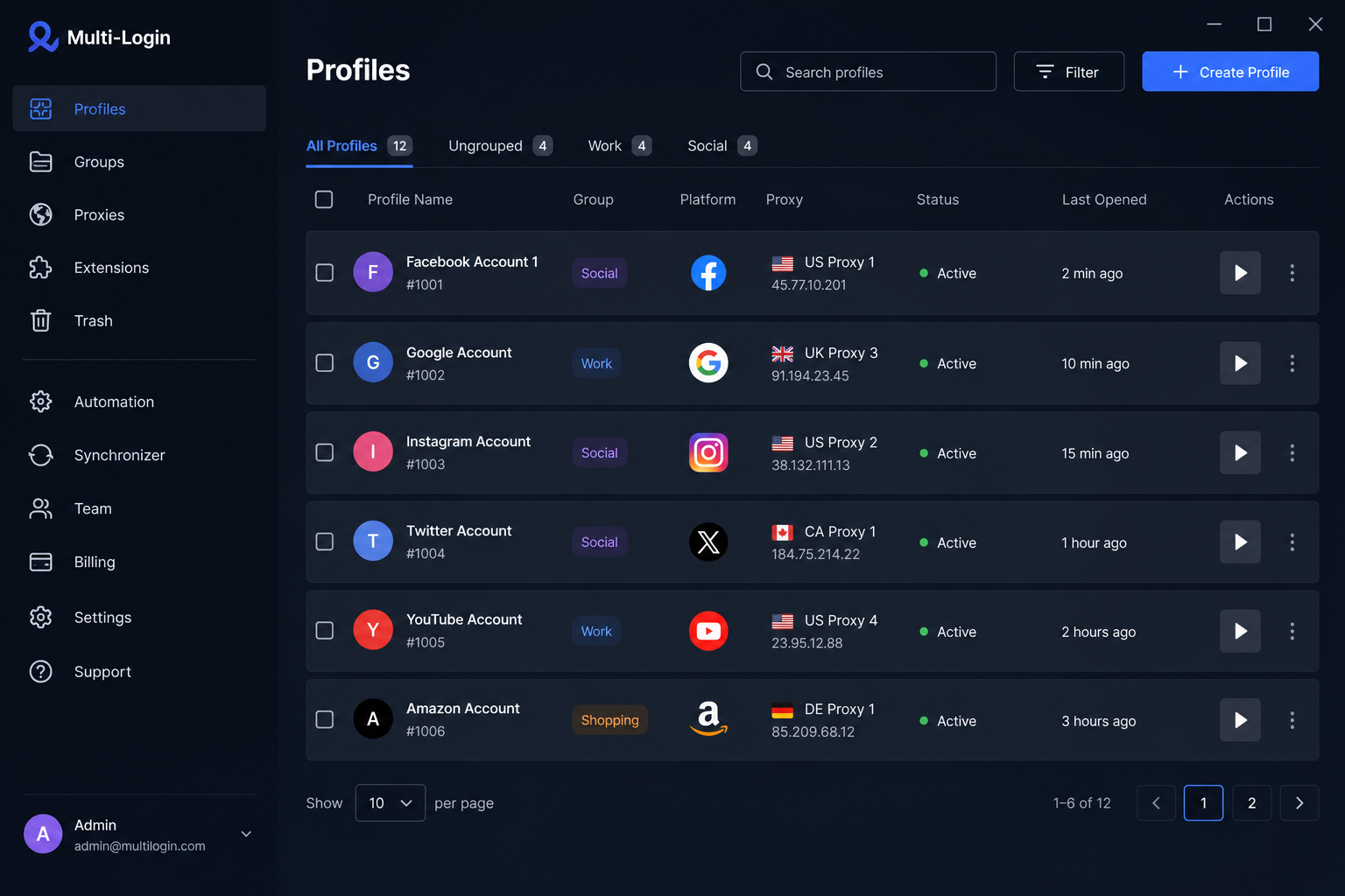 Multi-login profile interface showing multiple app icons like Facebook and TikTok