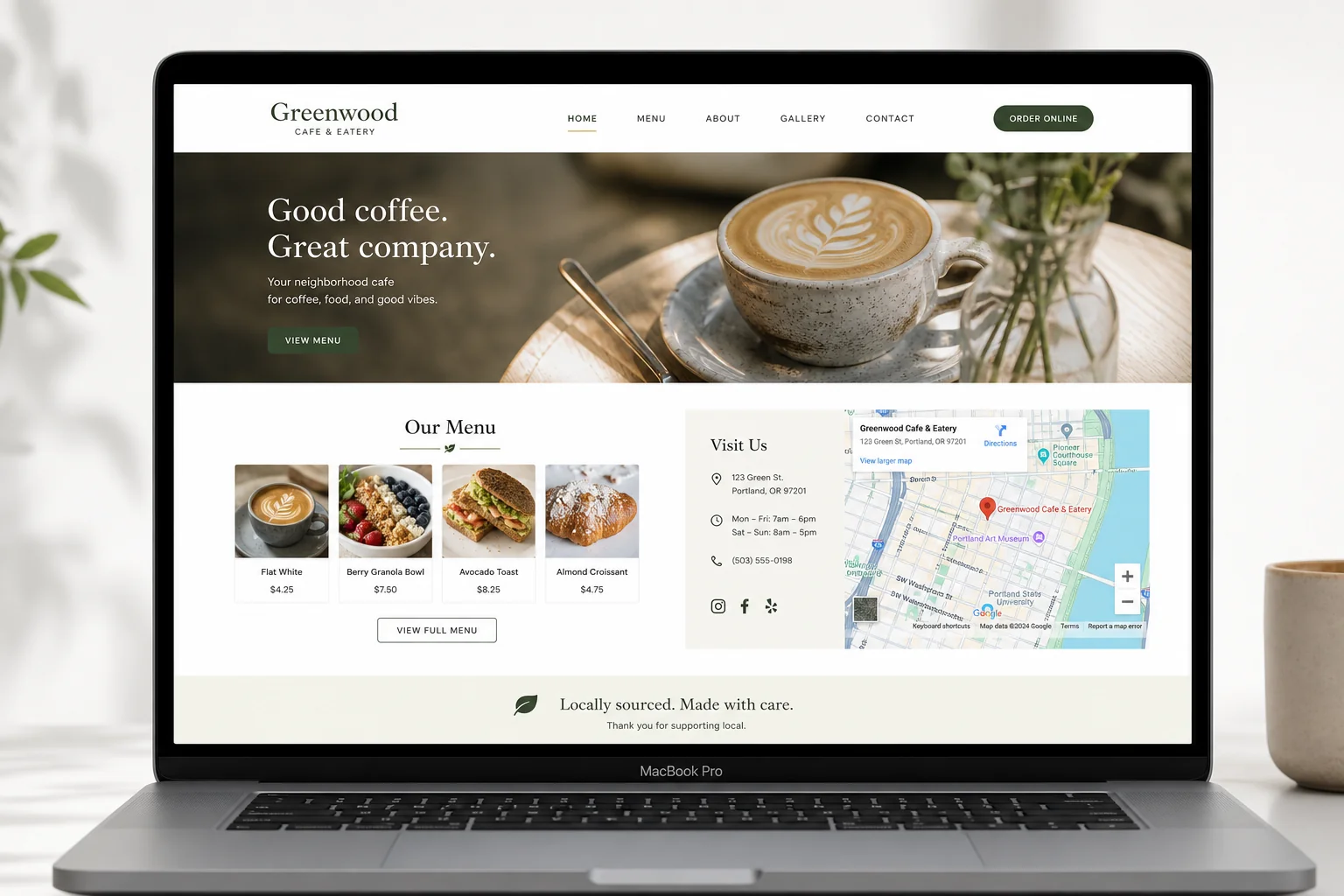 Clean professional demo website built for a local cafe showing menu photos and Google Maps embed