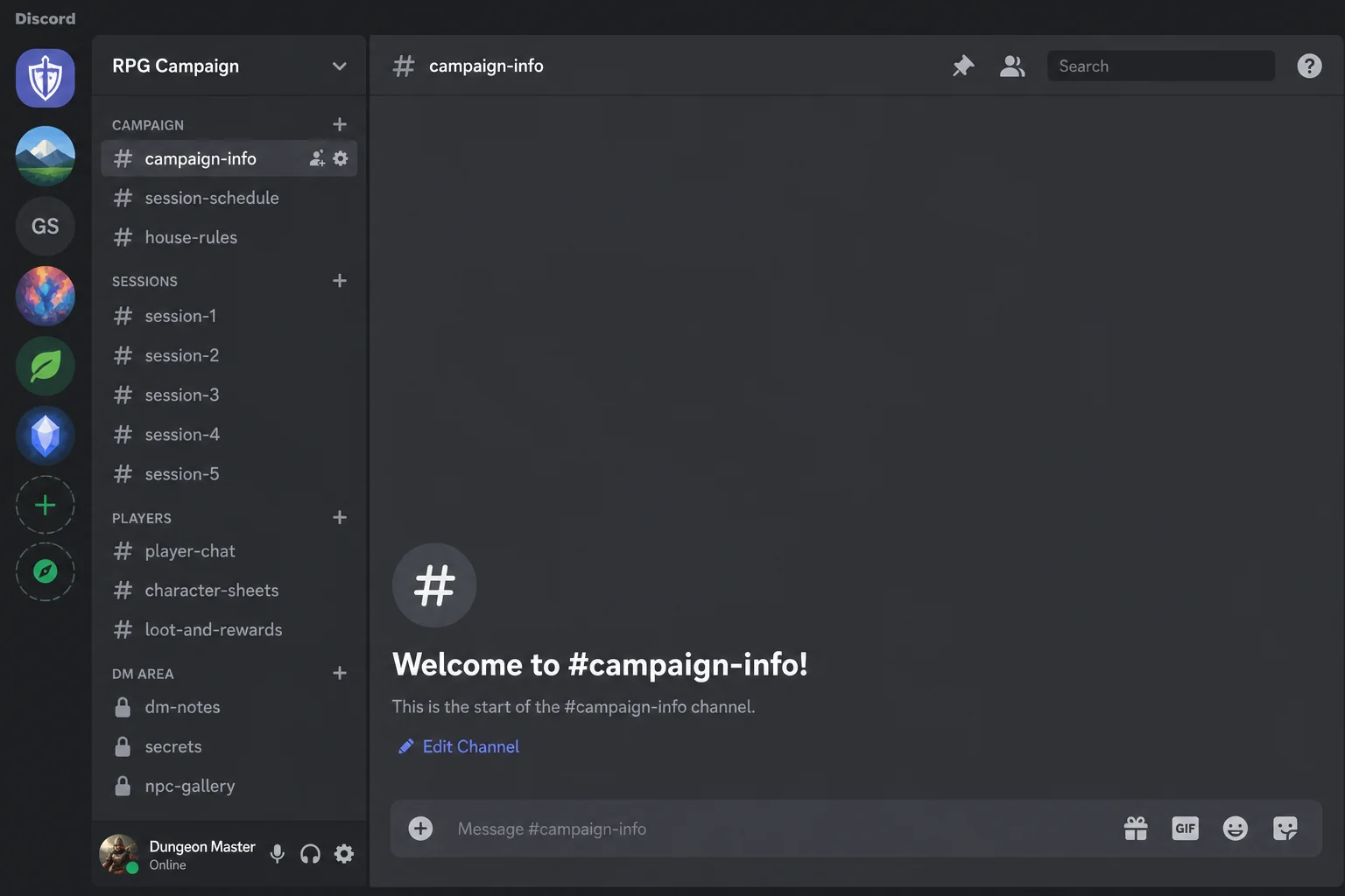 Discord app dark theme showing campaign channels in a server sidebar