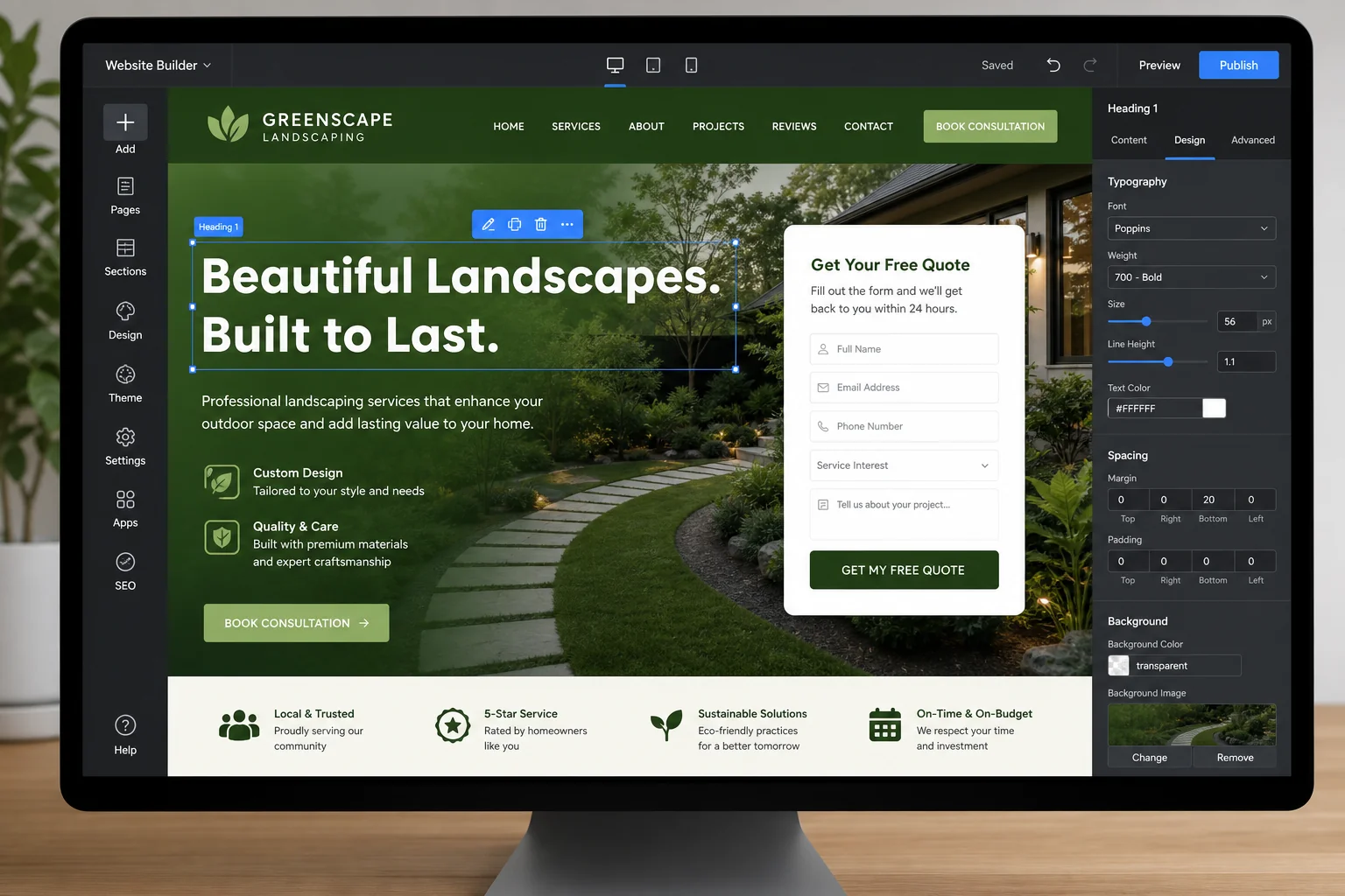 GoHighLevel AI Studio generating a landscaping business landing page with lead capture form and consultation CTA