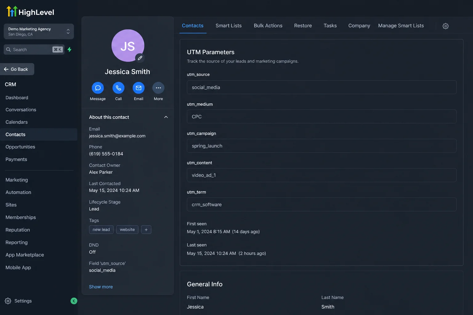 GoHighLevel contact profile showing UTM parameters populated after form submission