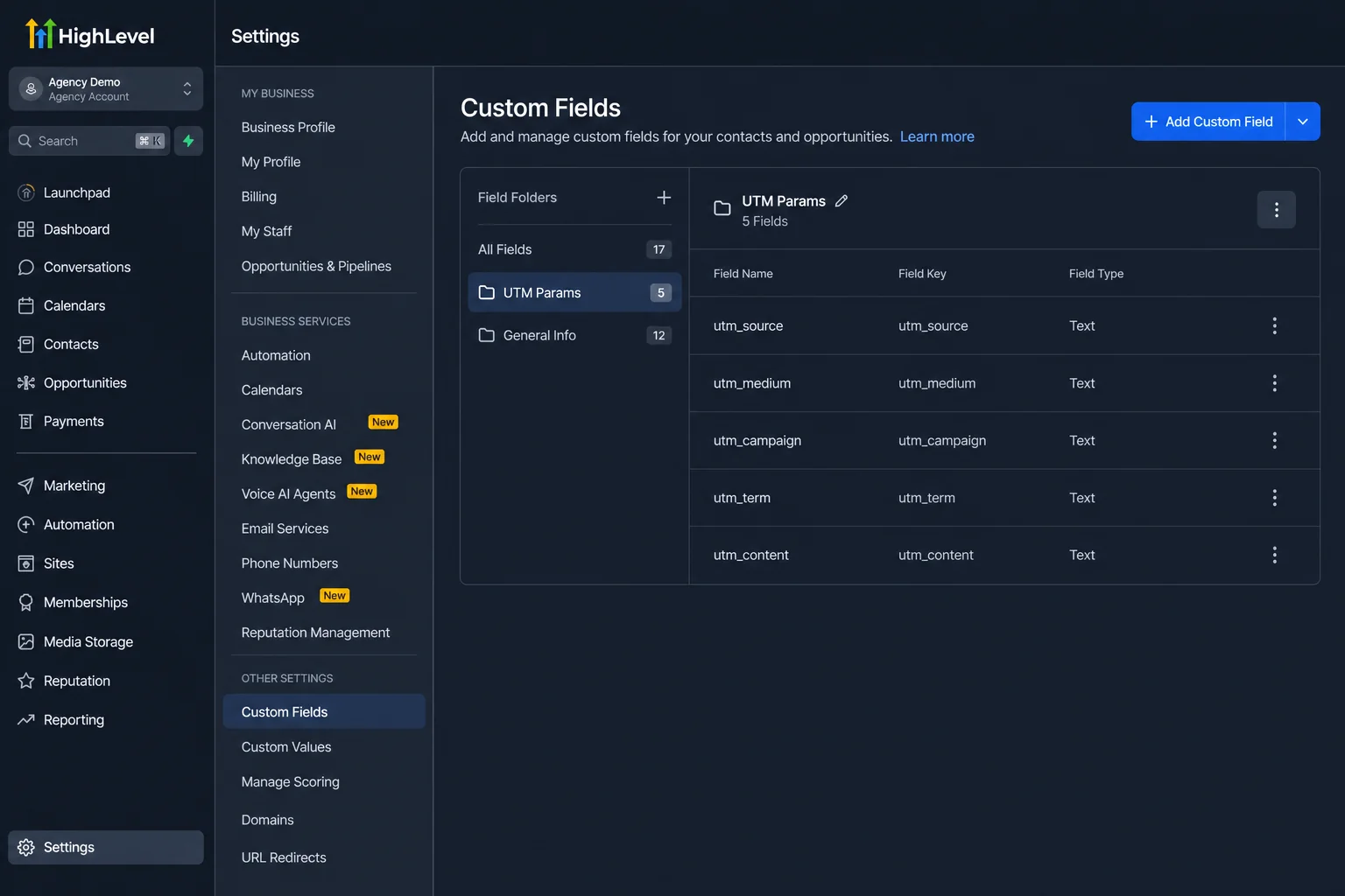 Custom UTM parameter fields created in GoHighLevel CRM settings