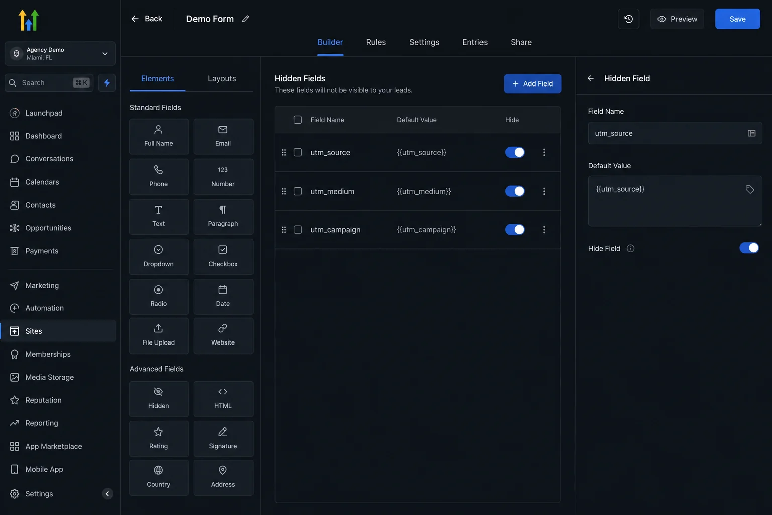GoHighLevel form builder showing hidden UTM parameter fields