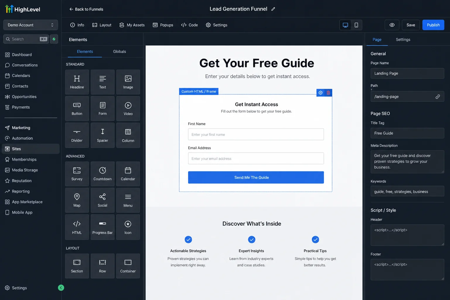 GoHighLevel funnel builder with embedded form on the landing page