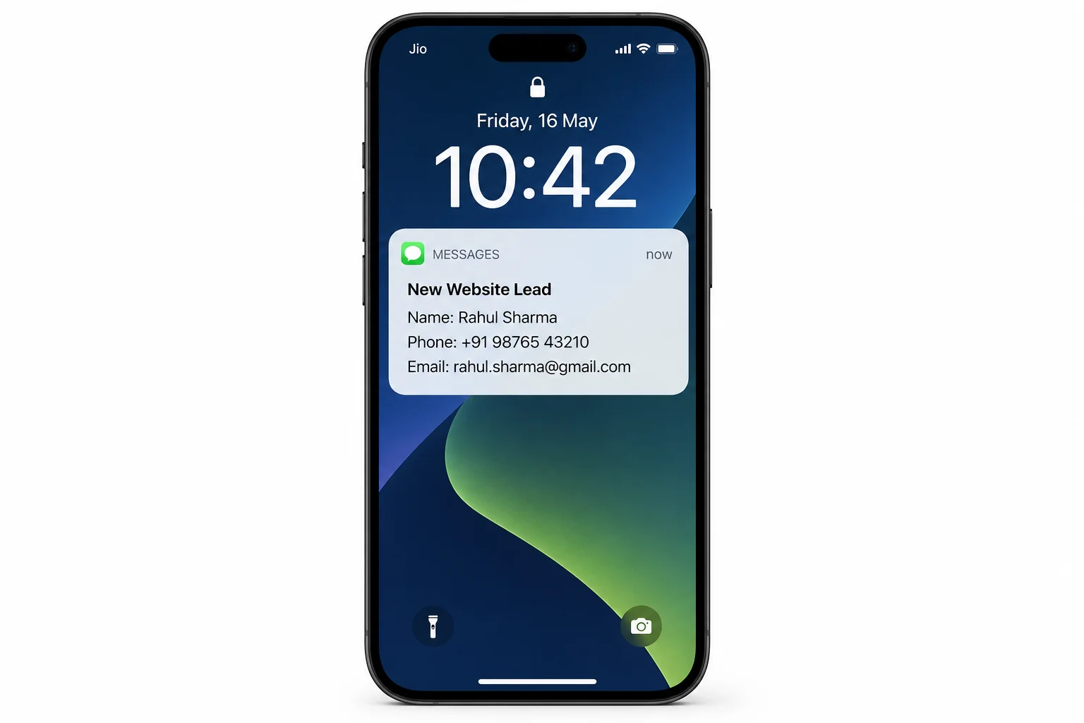 Phone showing SMS internal notification to client with new website lead name phone email project type