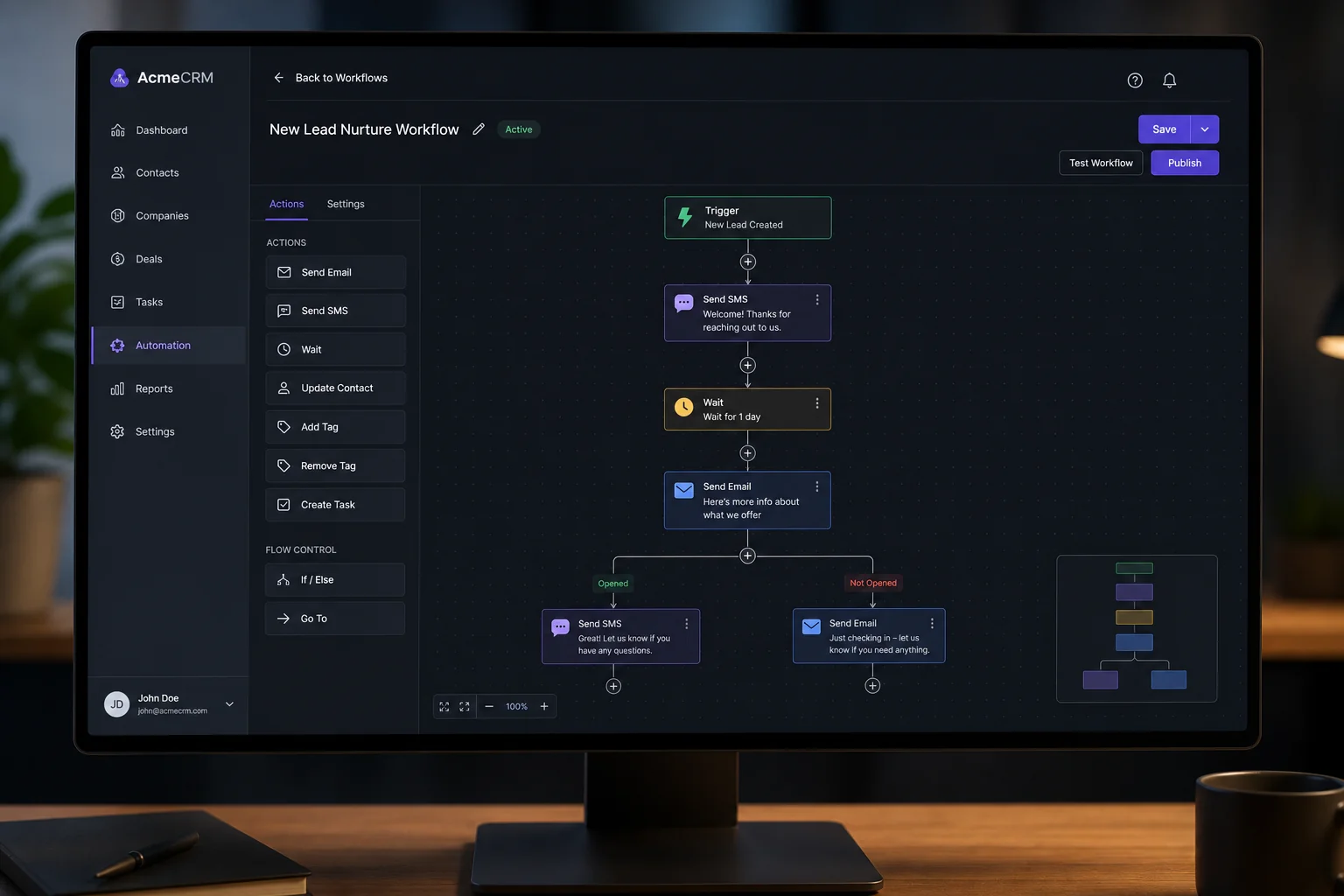 GoHighLevel automation workflow builder showing trigger, SMS, email, wait, and follow-up nodes connected