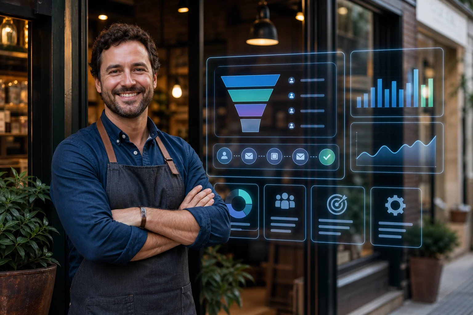 Local business storefront with a digital CRM and AI automation dashboard overlay showing lead pipeline and booking stats