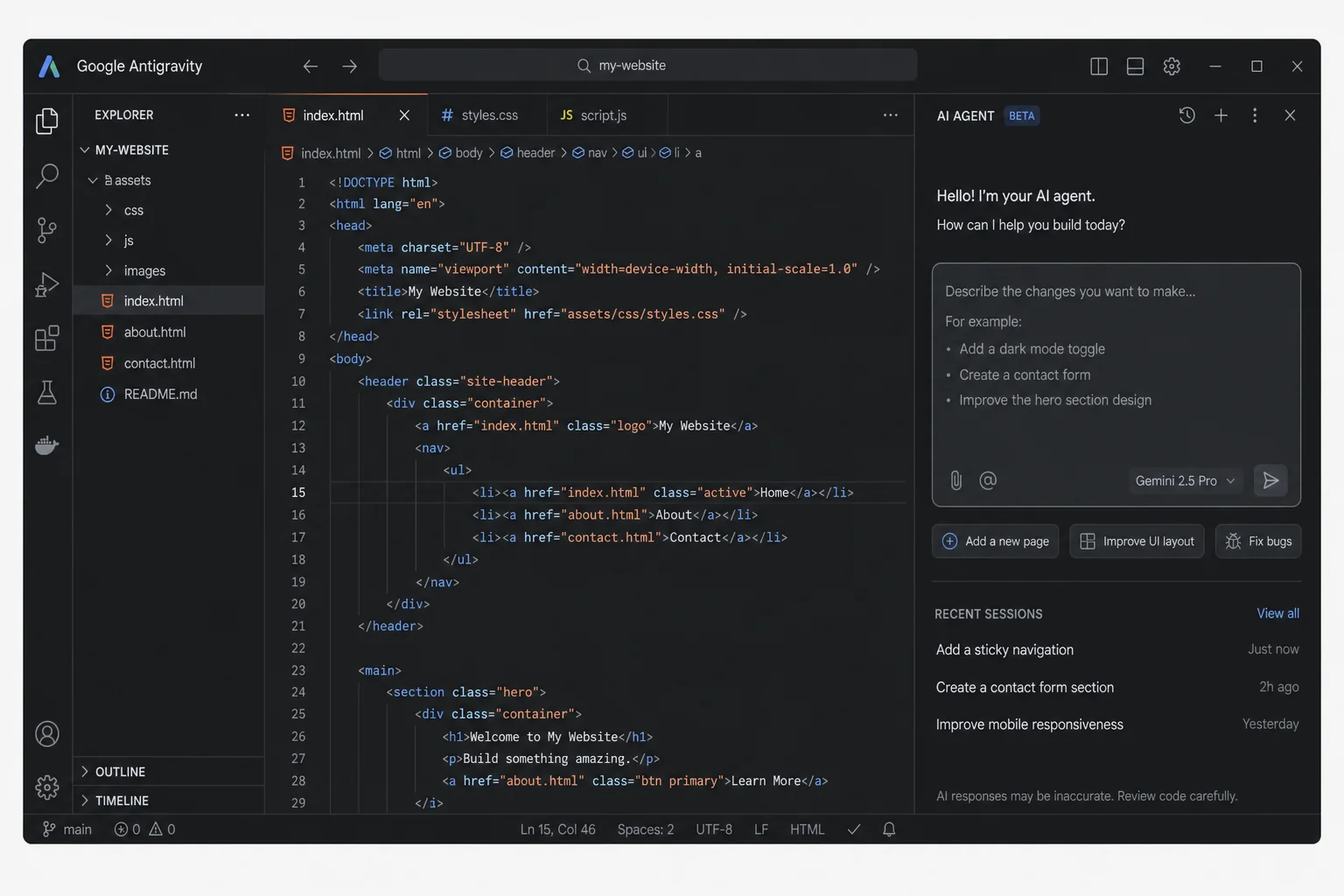 Google Antigravity IDE showing AI agent building a website from a Google Sheet prompt