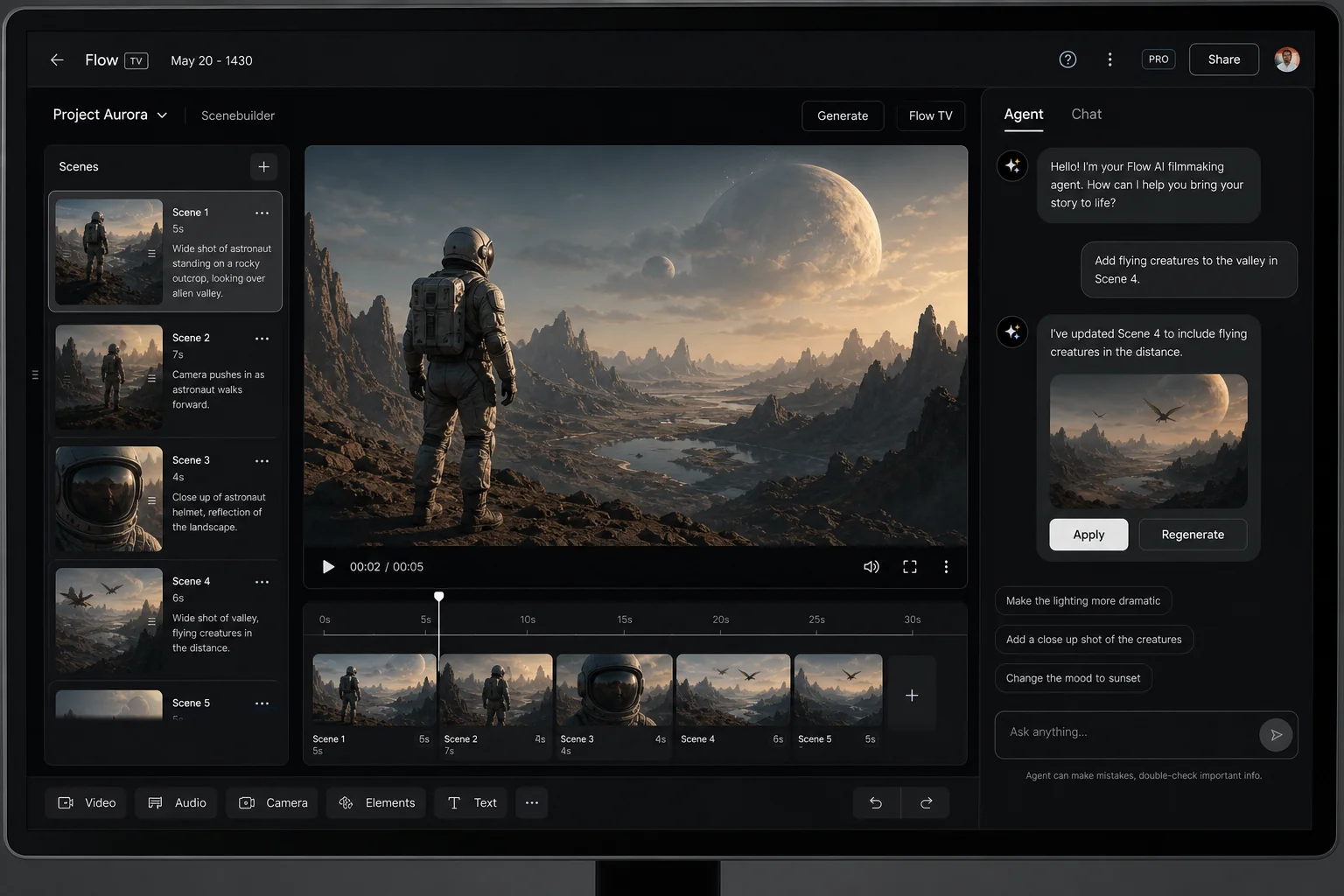 Google Flow with Agent mode enabled for AI video creation