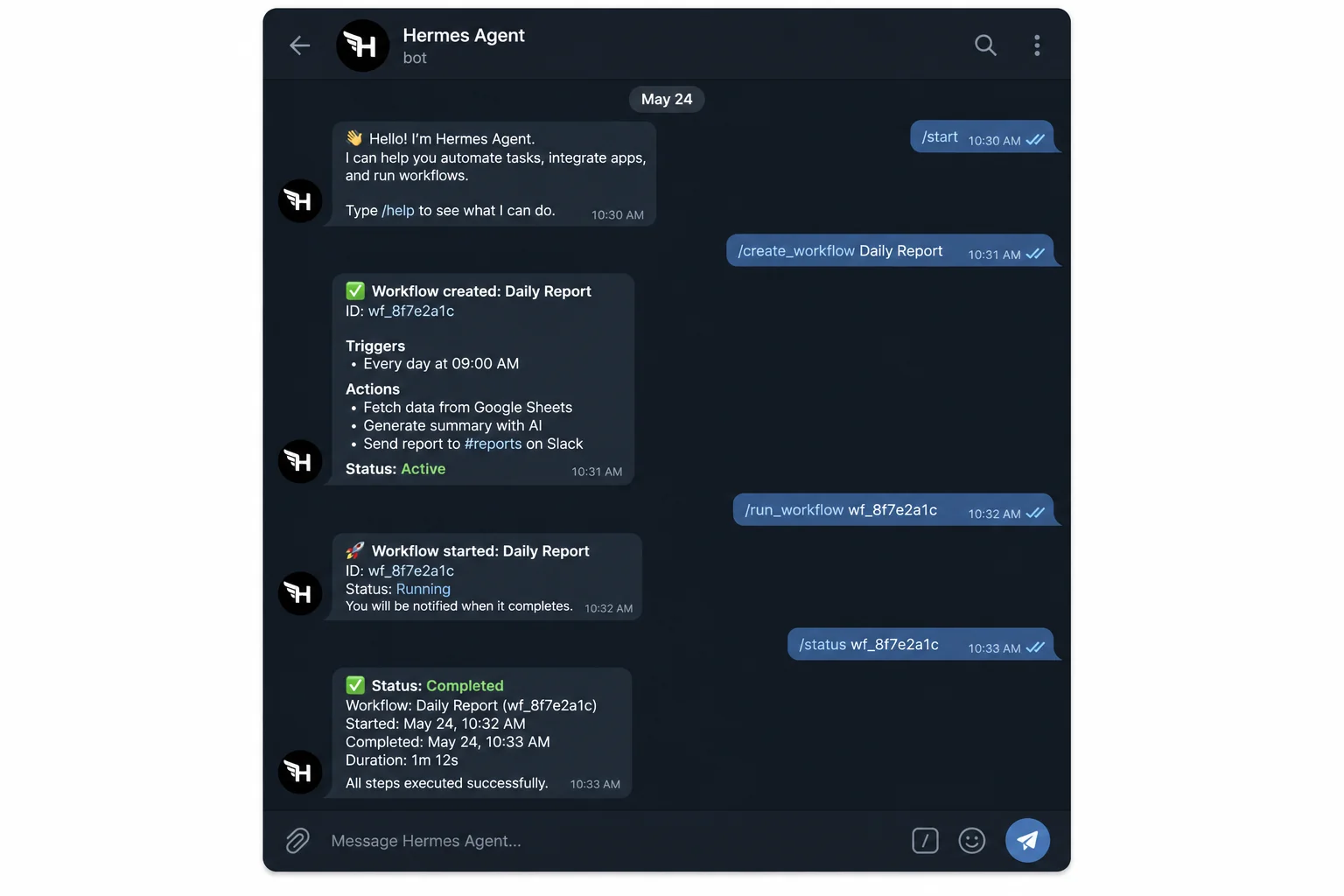 Hermes Agent Telegram chat interface showing AI automation commands