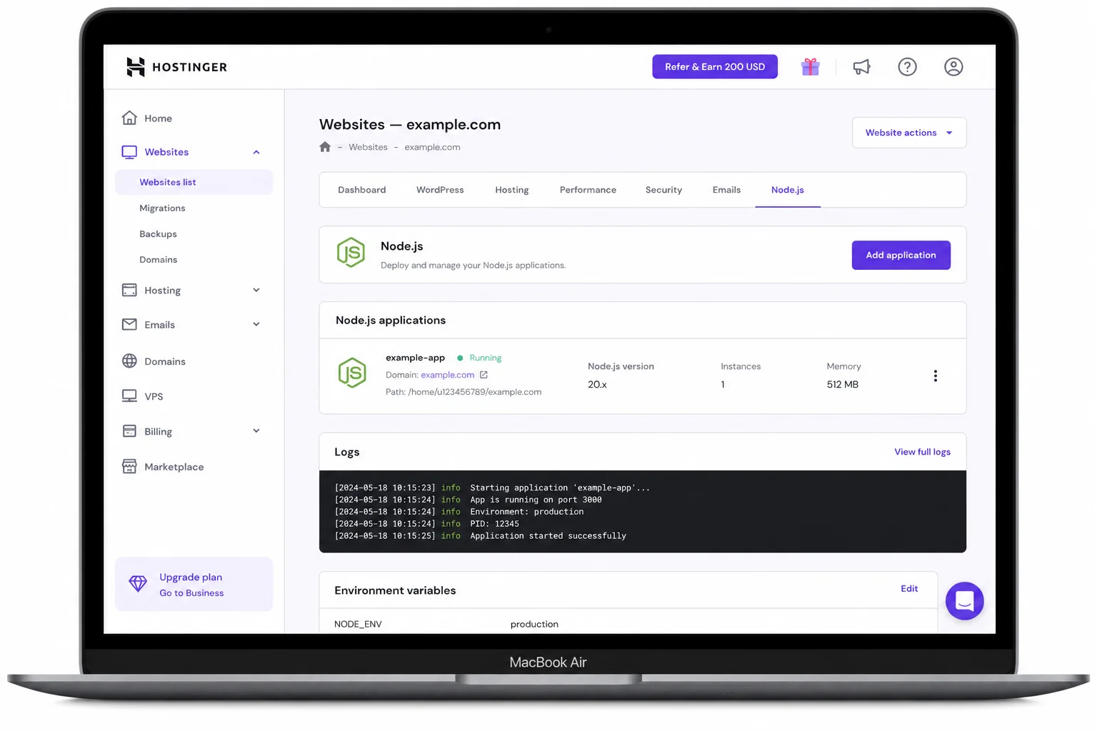 Hostinger Node.js deployment dashboard