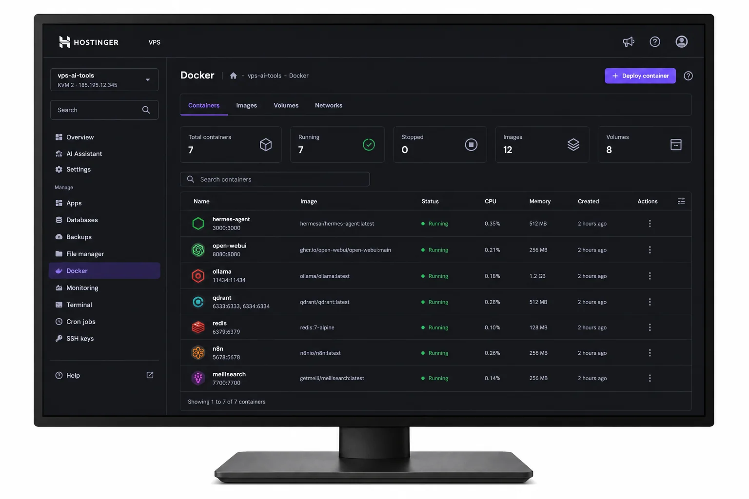 Hostinger VPS Docker manager showing deployed AI tools including Hermes Agent