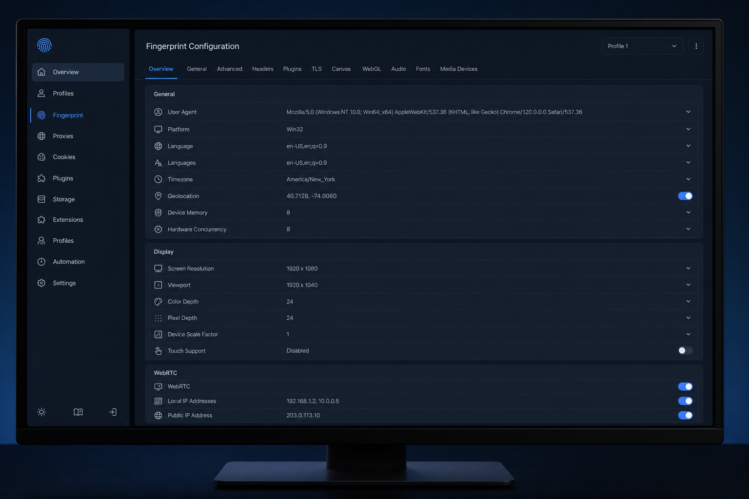 Incogniton fingerprint configuration settings