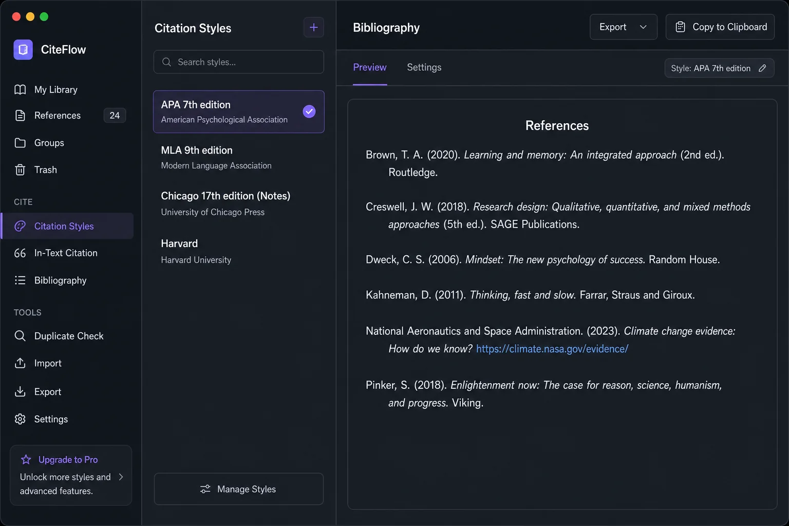 Citation manager interface showing APA MLA Chicago Harvard citation styles in a sidebar with auto-formatted bibliography in the main panel