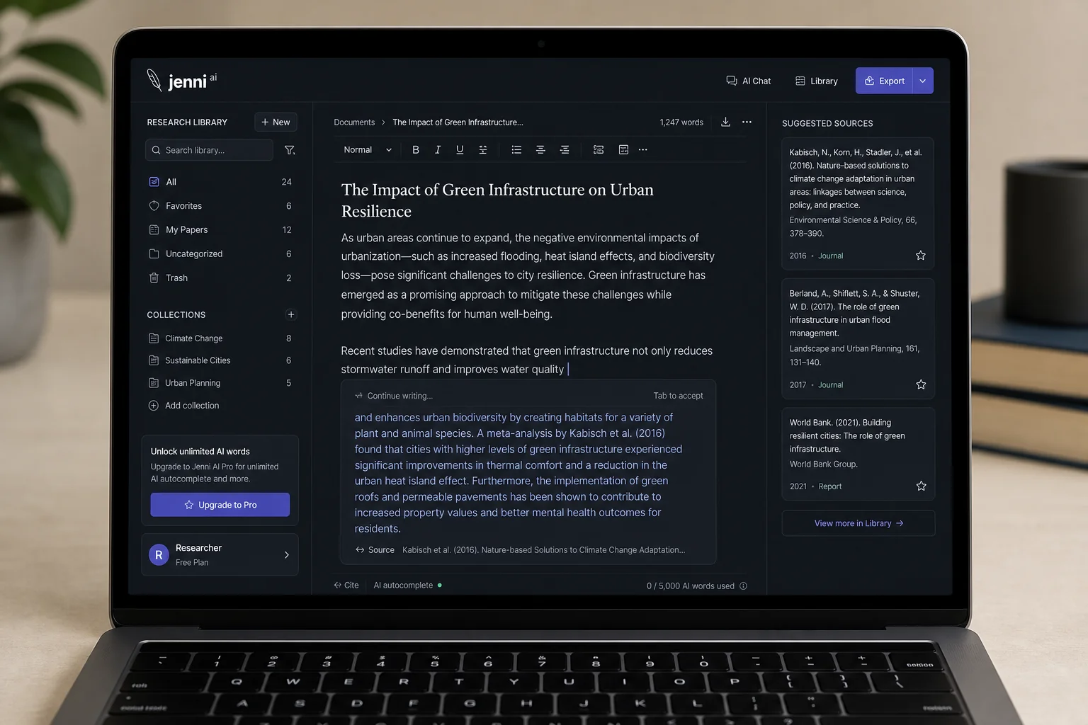 Jenni.ai academic writing dashboard on a MacBook screen with AI autocomplete suggestion panel and research library sidebar