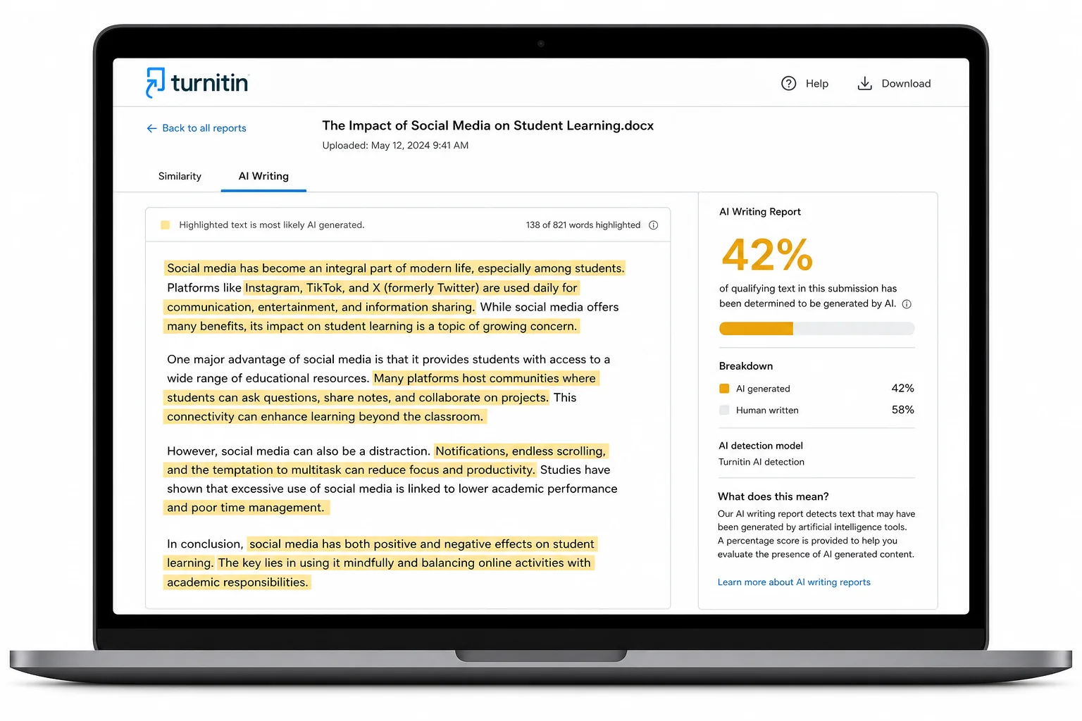 Turnitin AI detection report mockup on a laptop screen showing similarity percentage score panel with document text analysis