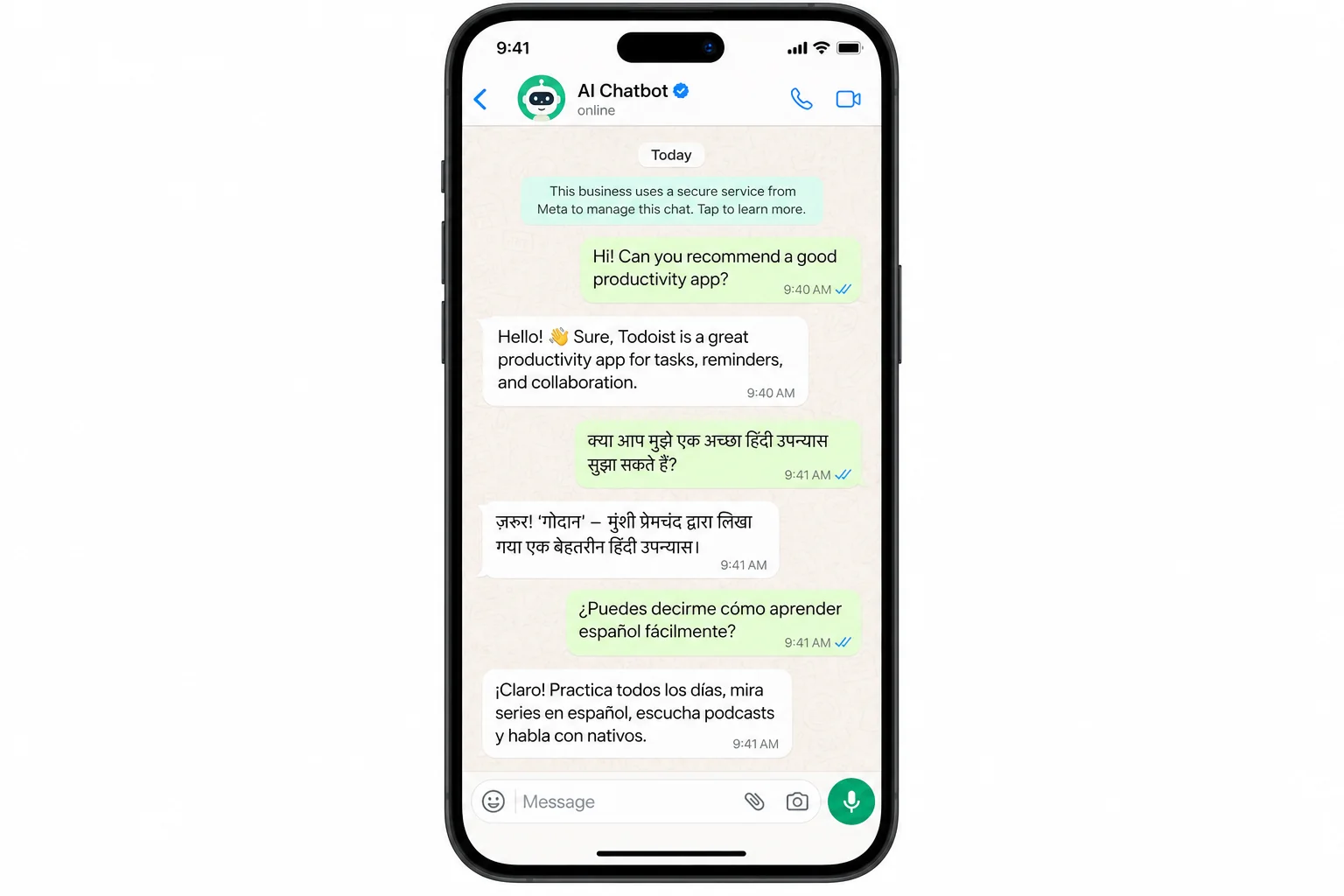 Joyz AI WhatsApp chatbot having an instant multilingual conversation with a customer on phone