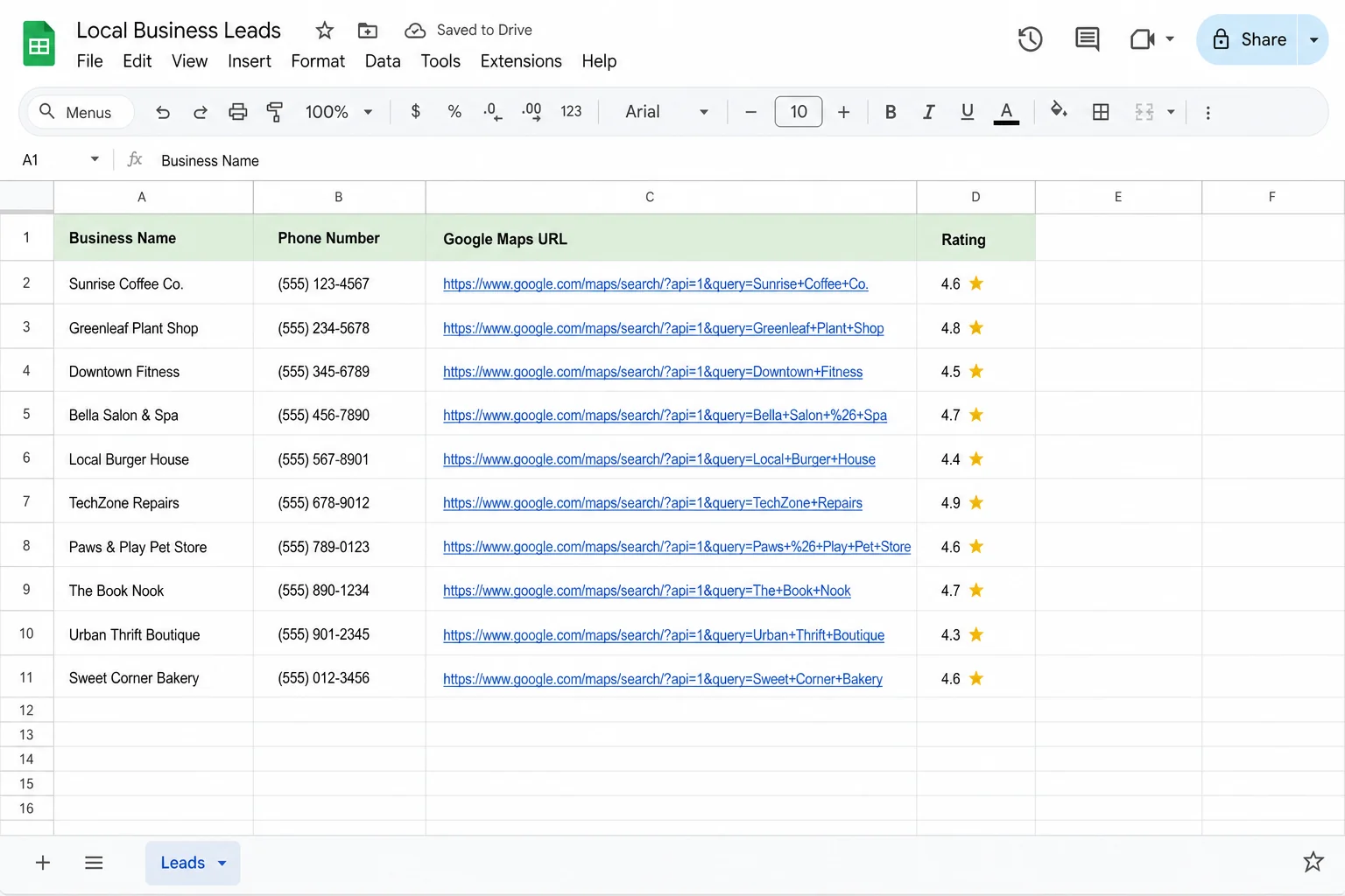 Google Sheets showing automated local business lead list with contact details