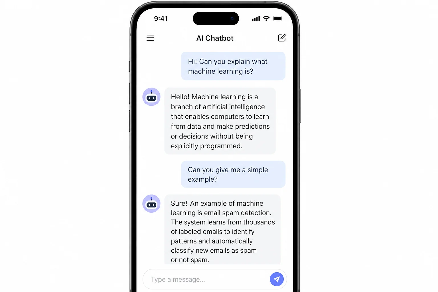 AI chatbot interface on mobile phone with chat bubbles