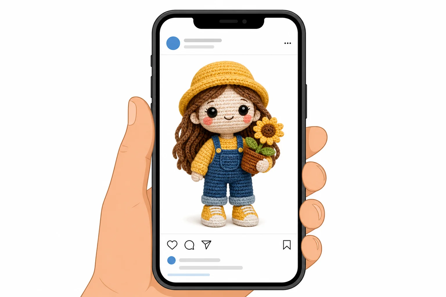 Smartphone showing AI-generated social media ad with cartoon character
