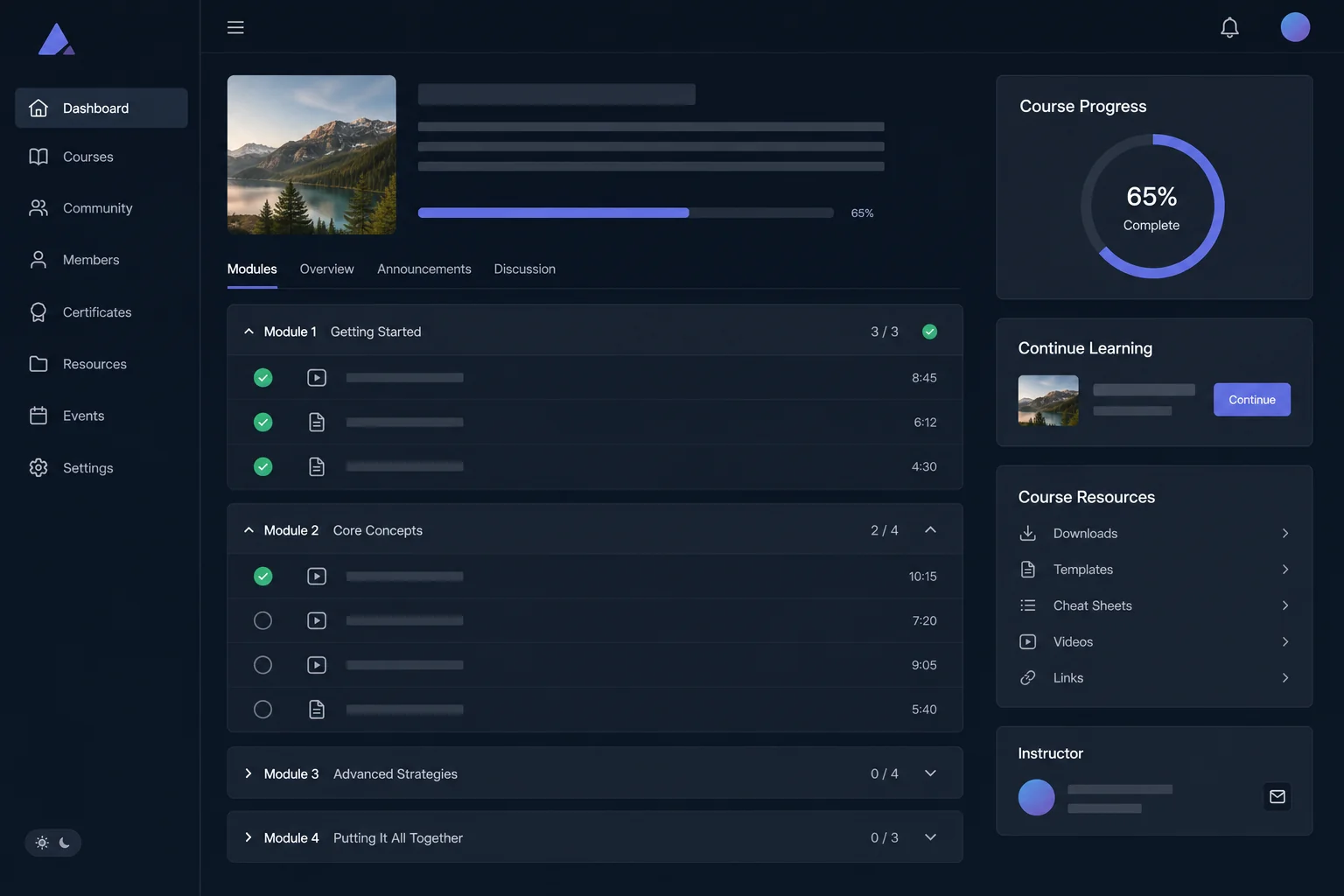 Online course builder dashboard with modules and lessons