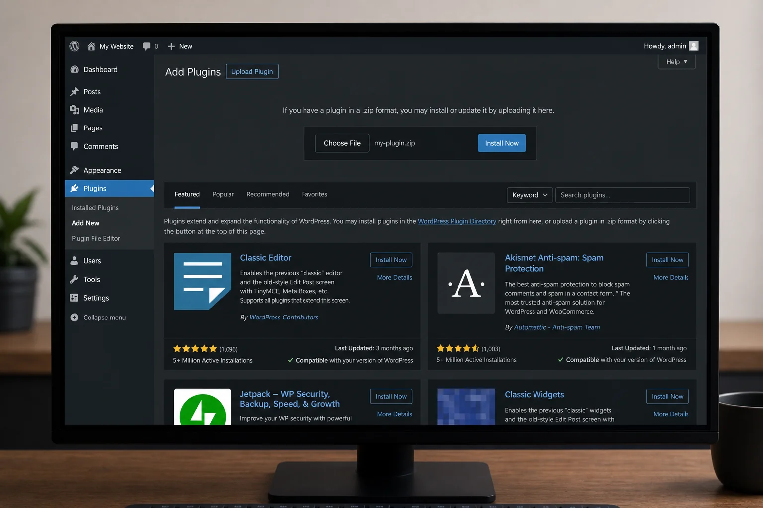 WordPress plugin installation screen showing the Novamira plugin upload process