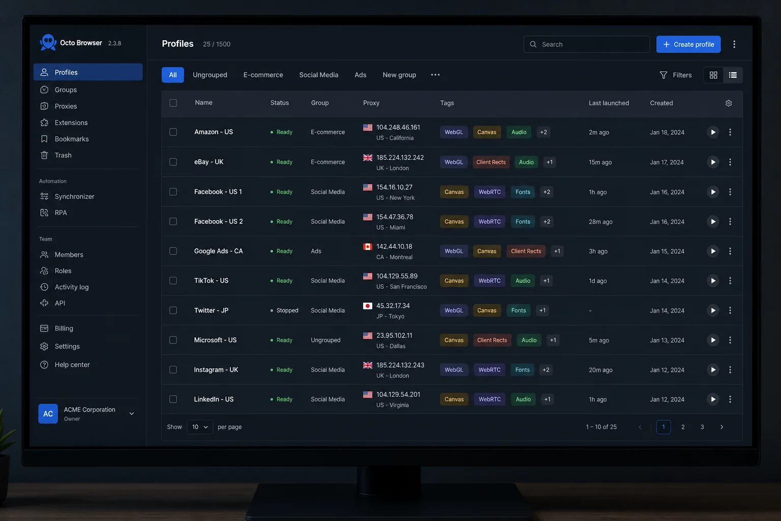 Octo Browser dashboard showing multiple browser profiles with different fingerprints and proxy configurations