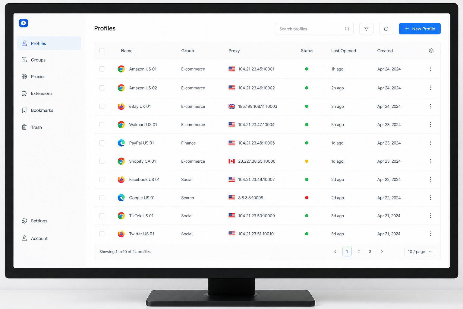 Octo Browser profile interface
