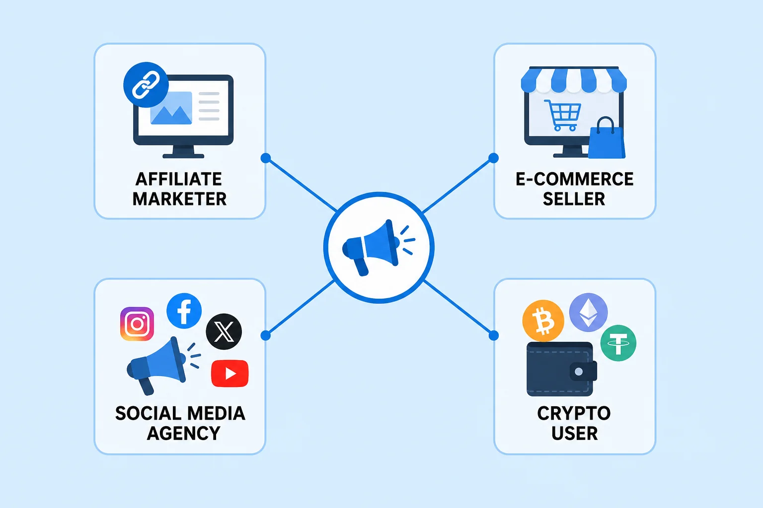 Illustration of Octo Browser use cases including affiliate marketing e-commerce social media management and crypto