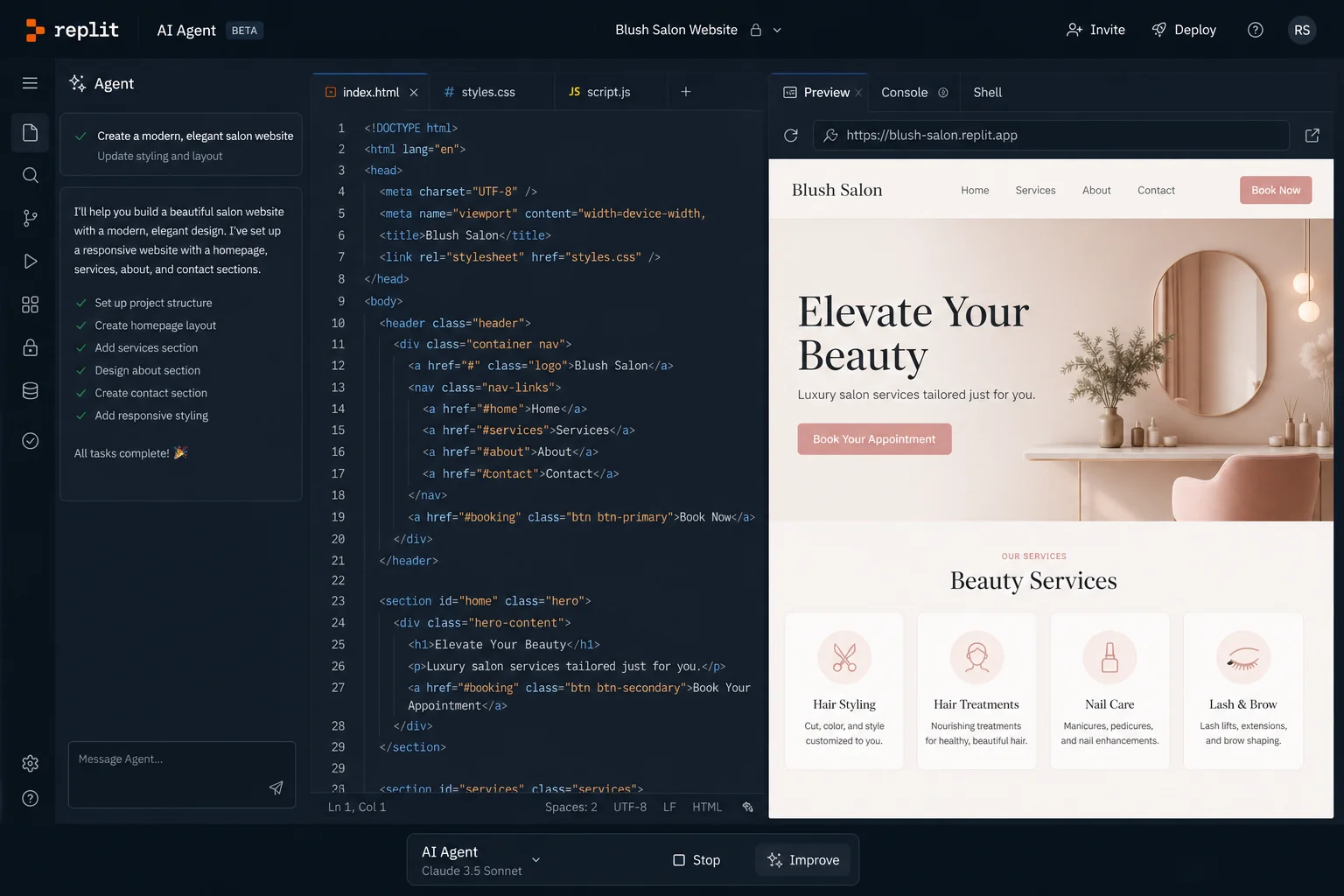 Replit AI agent building a salon website with live preview