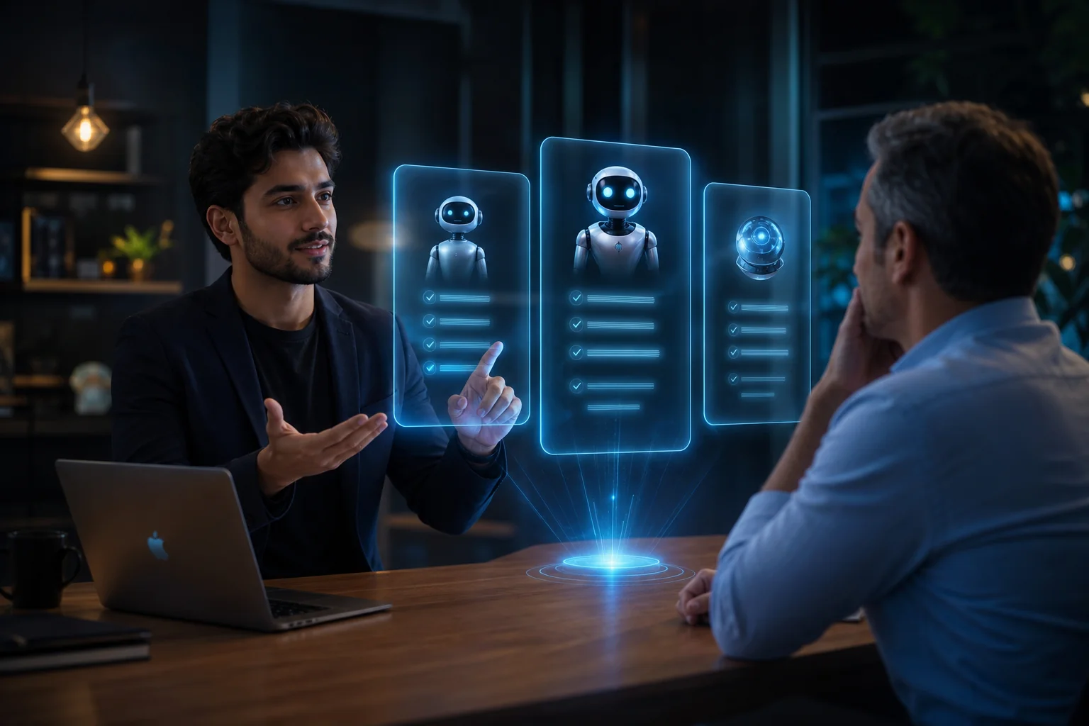 Digital marketer presenting AI agent service packages to a local business owner