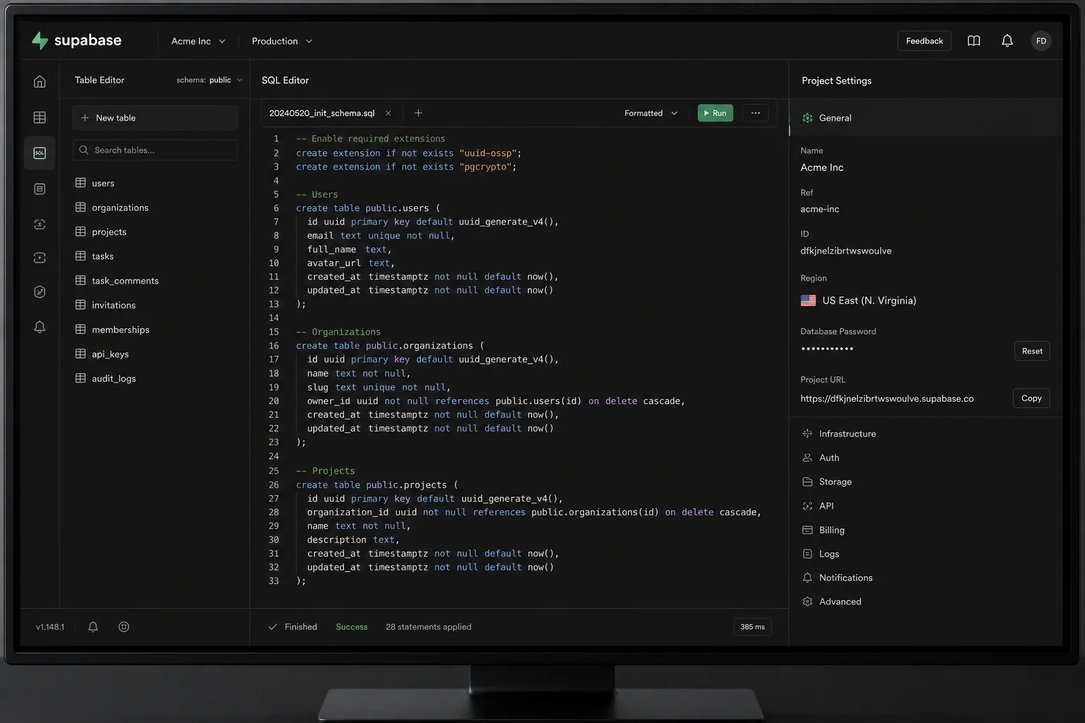 Supabase dashboard with database tables and SQL editor for WA CRM migration