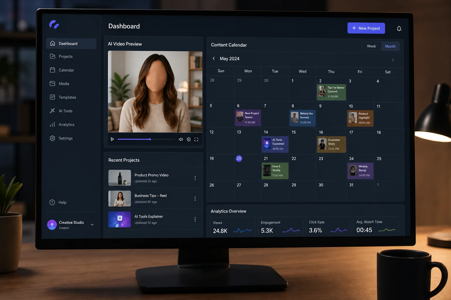 Syllaby AI dashboard showing the video creation interface with content calendar and faceless video preview