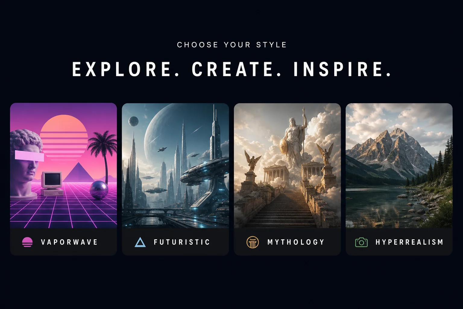 Preview of Syllaby AI faceless video styles including Vaporwave, Futuristic Sci-Fi, Greek Mythology and Hyper Realism options