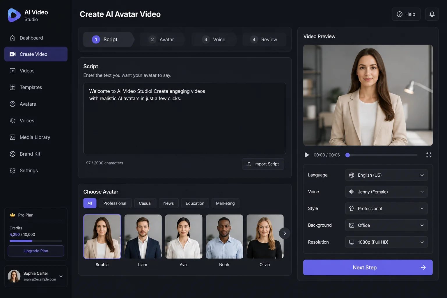 Syllaby AI avatar creation panel showing script generation interface with language, length, style and tone options