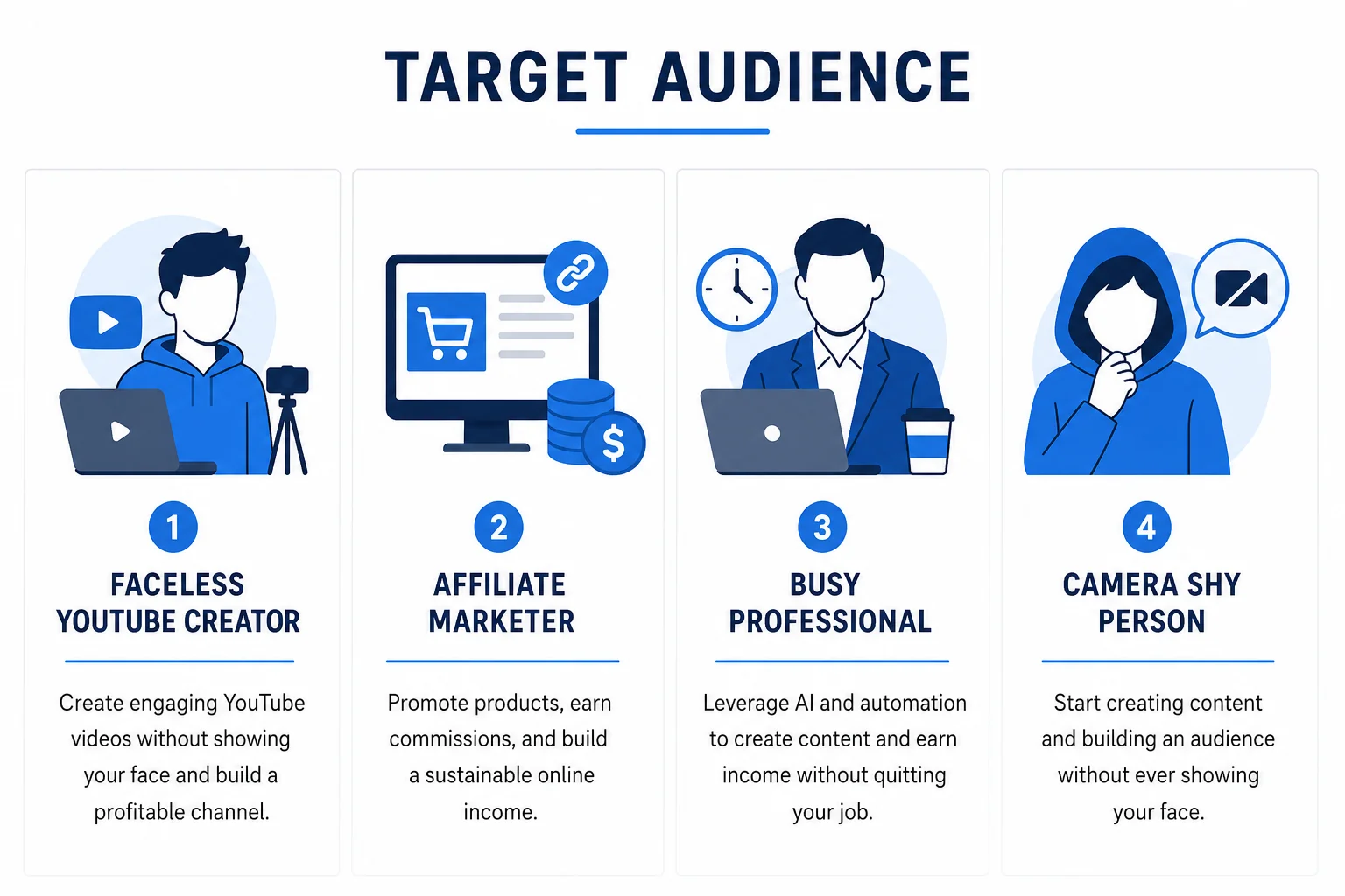 Four-column infographic showing who should use Syllaby AI: faceless YouTube creators, affiliate marketers, busy professionals, and camera-shy creators