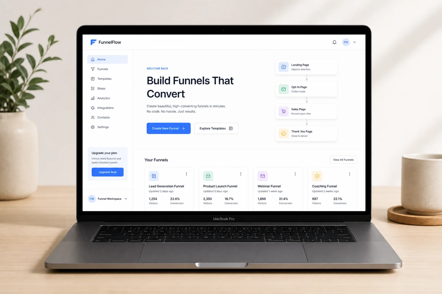 Systeme.io funnel builder interface on MacBook