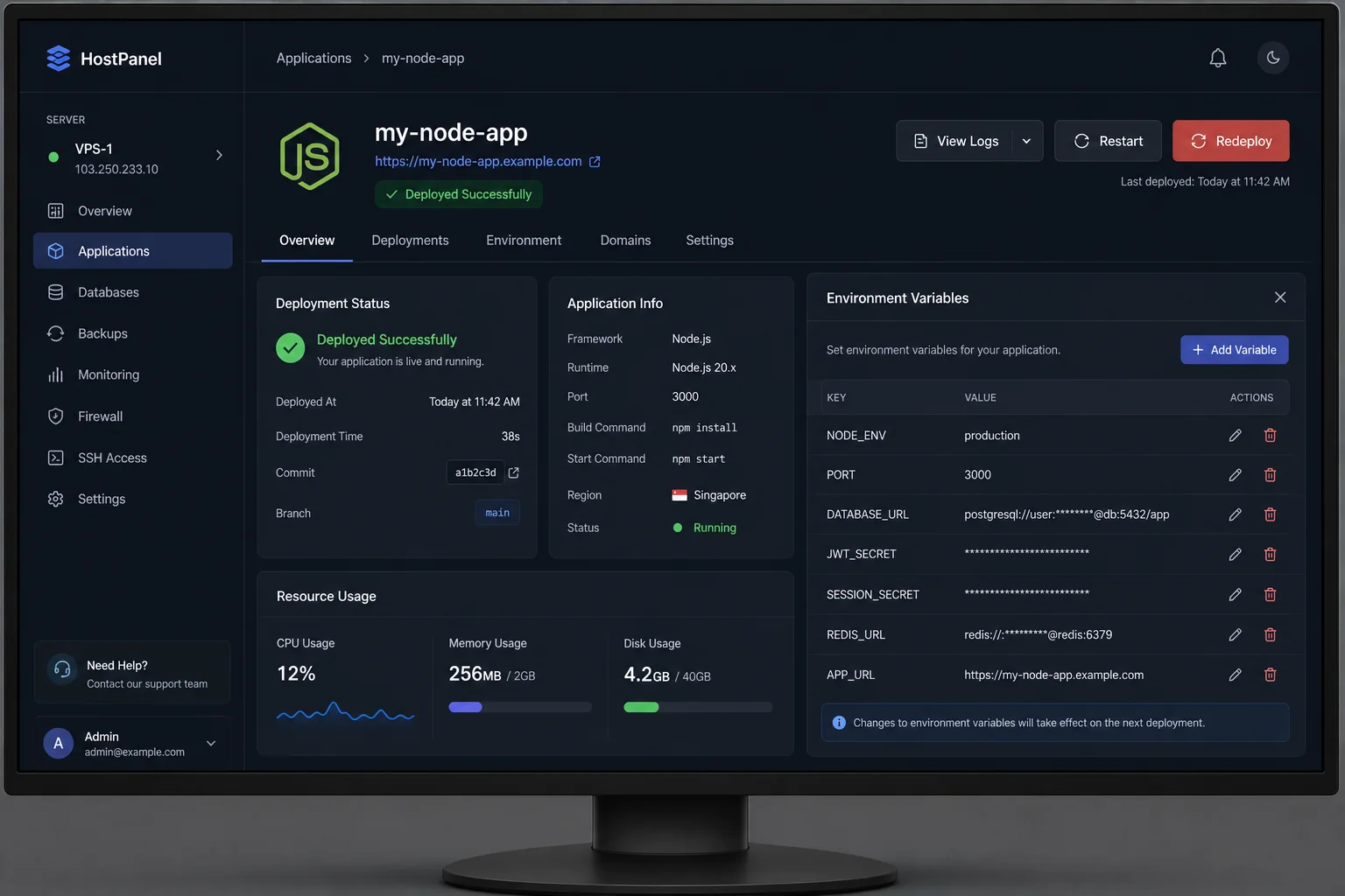 VPS hosting control panel showing successful Node.js web application deployment