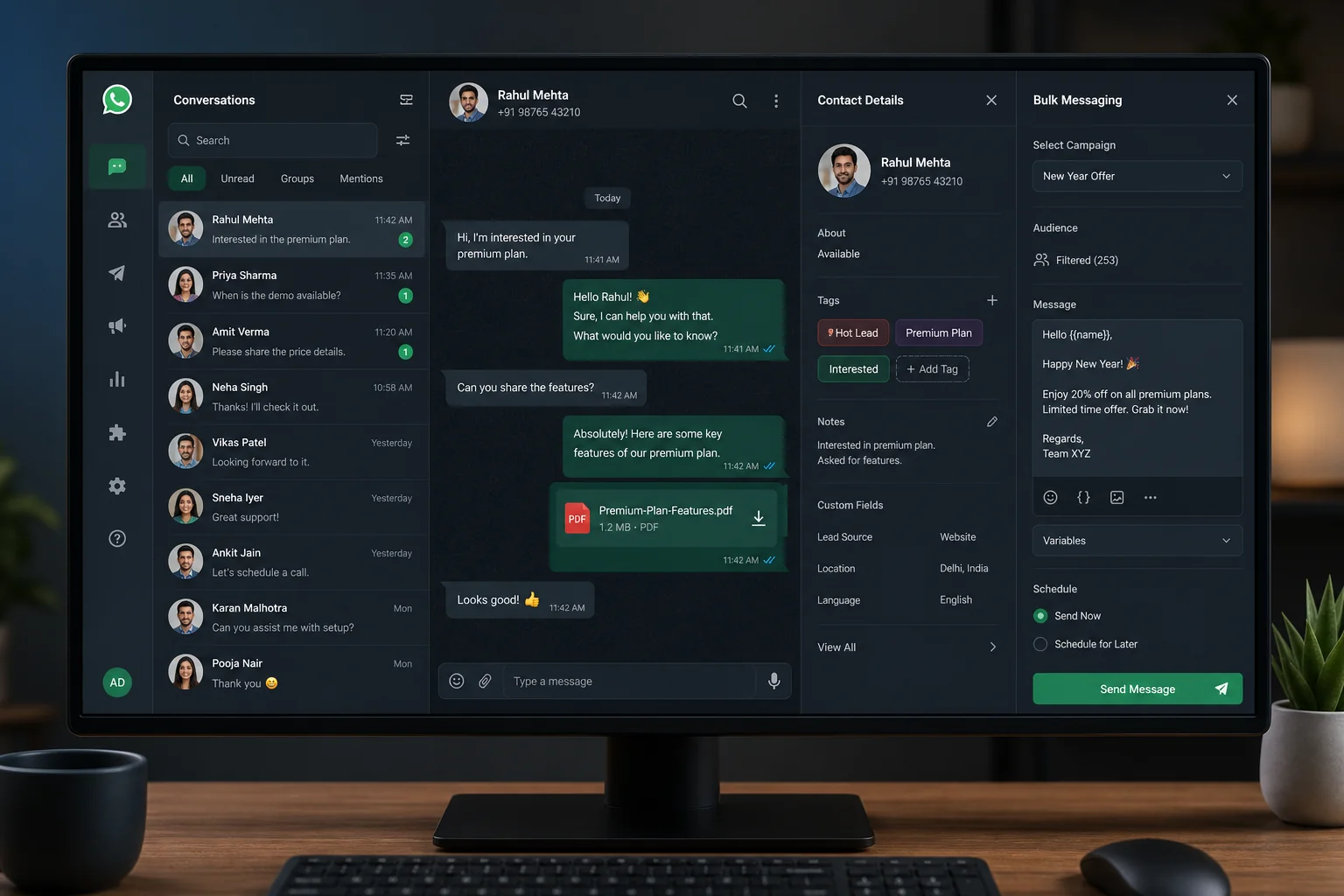 WA Desk desktop WhatsApp CRM showing multiple accounts, contact tags, and bulk messaging panel