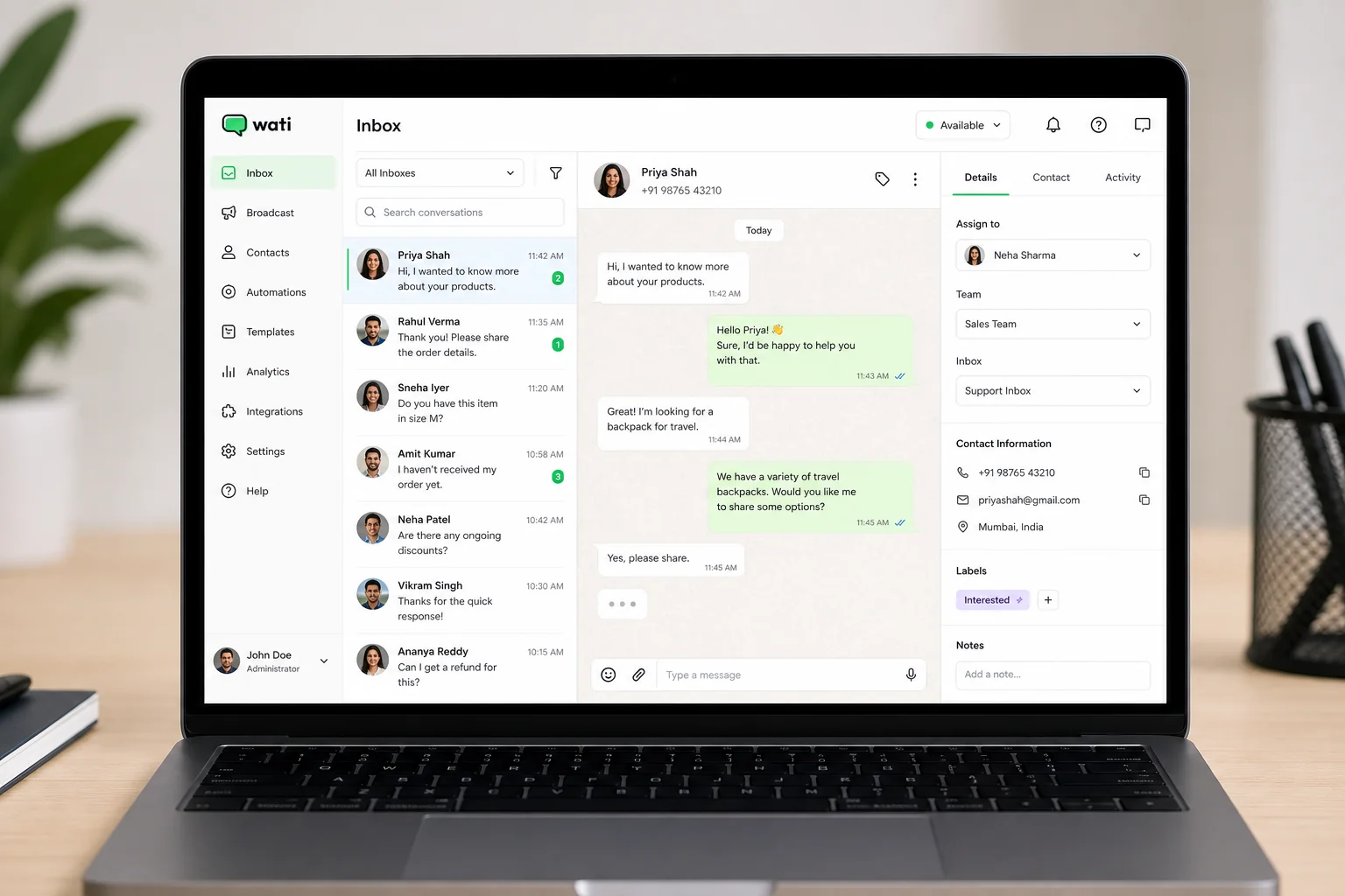 Wati WhatsApp CRM dashboard showing team inbox and conversation management