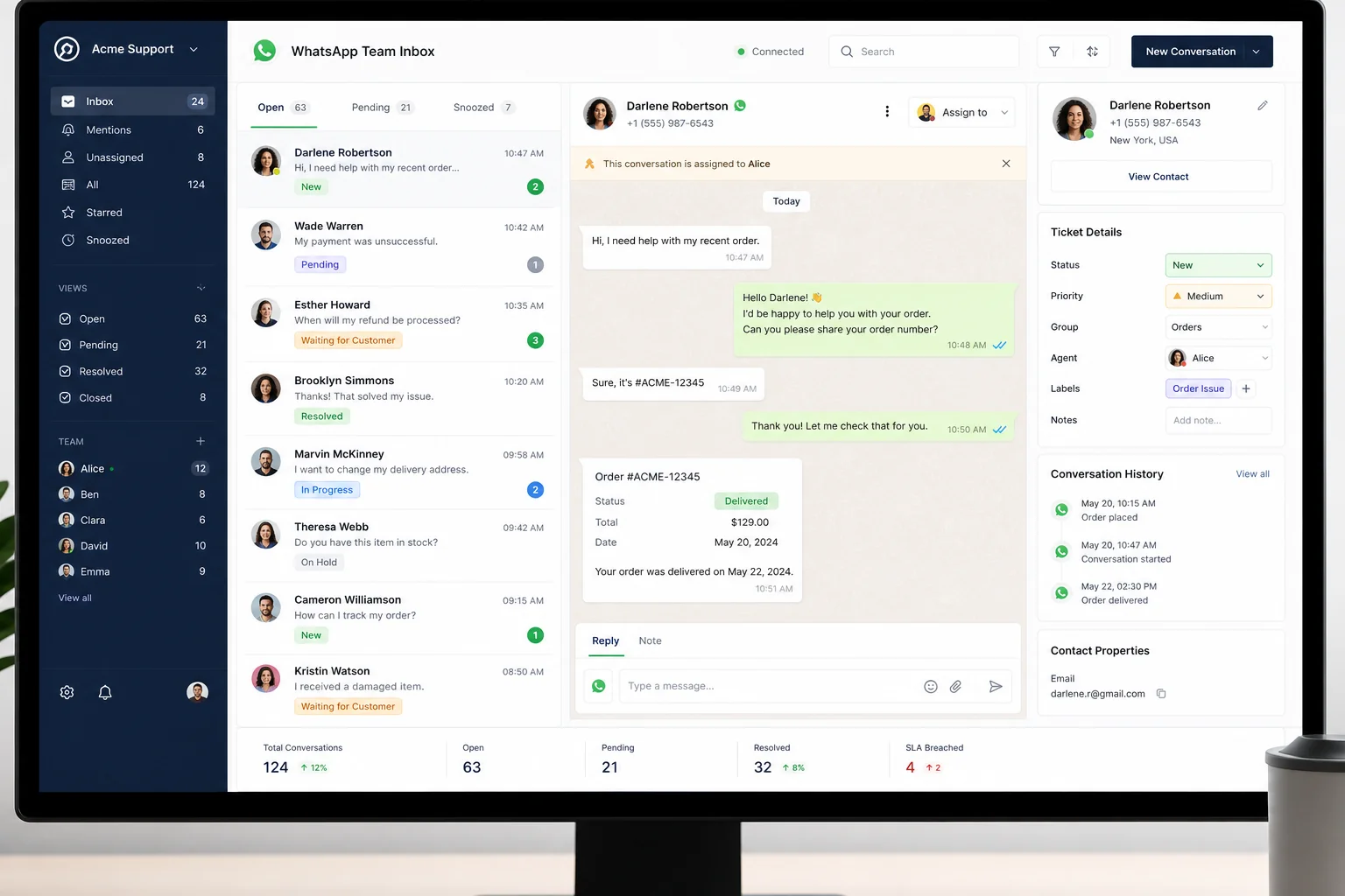 WATI WhatsApp shared team inbox with agent assignment, ticket status, and support conversation flow